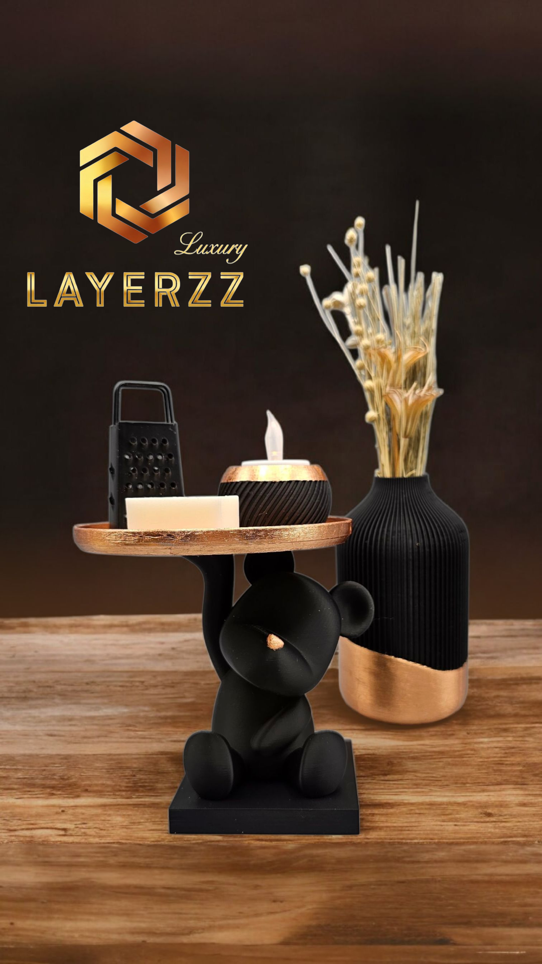 Luxury Layerzz – Bear Tray Figure | Rose Gold Leaf Accent