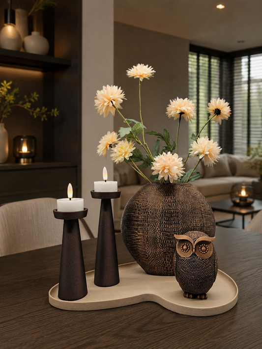 Luxe Decoratieset Beige & Bruin – Organisch Dienblad met Vaas, Uil & LED Waxines