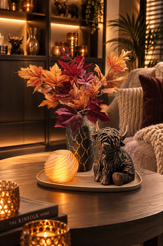 Luxe Herfst Decoratieset – Beige Dienblad met Handgeschilderde Vaas, Highlander Cow & LED Licht