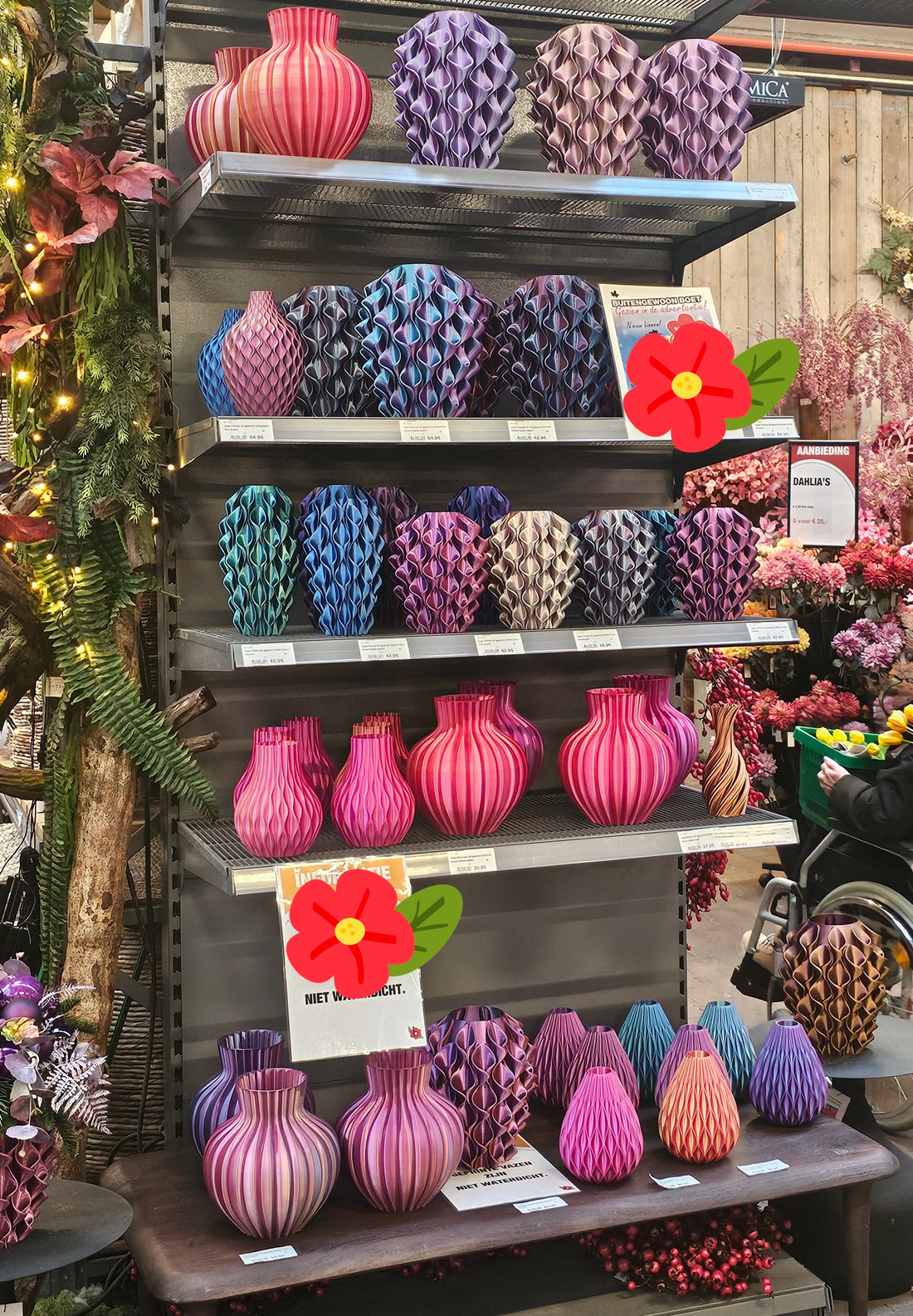 Uniek in de winkel: meerkleurige 3D-geprinte vazen voor bloemisten, tuincentra en interieurzaken