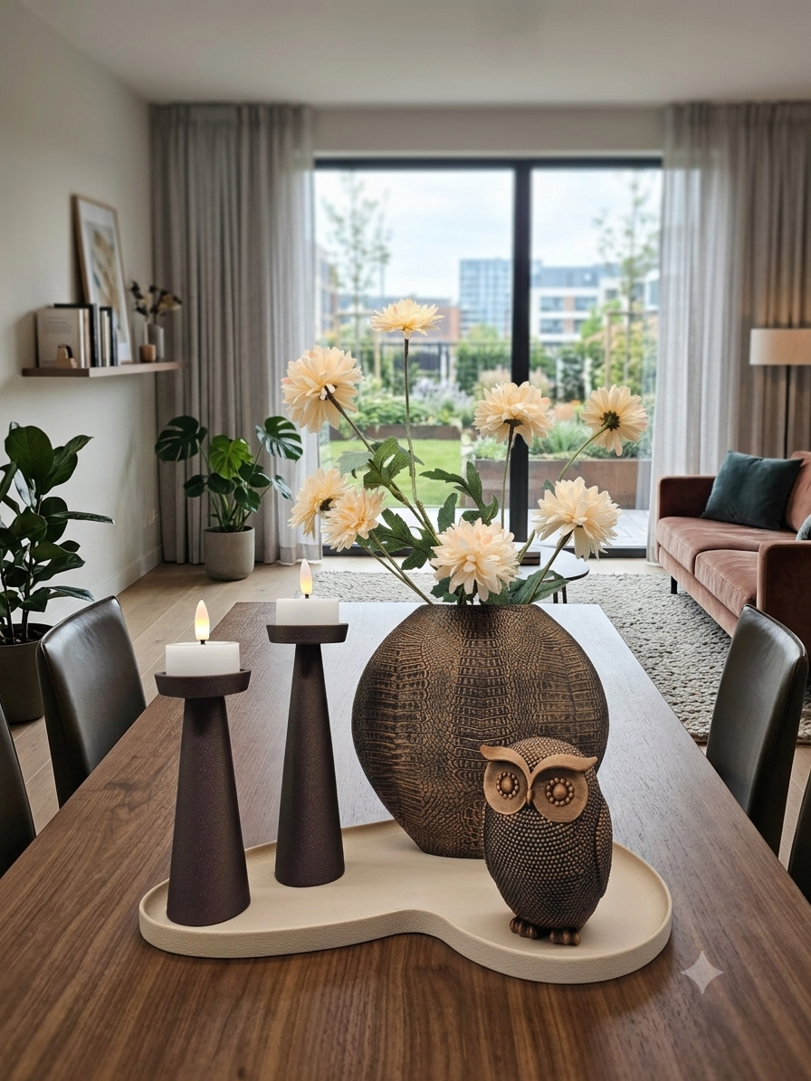 Luxe Decoratieset Beige & Bruin – Organisch Dienblad met Vaas, Uil & LED Waxines