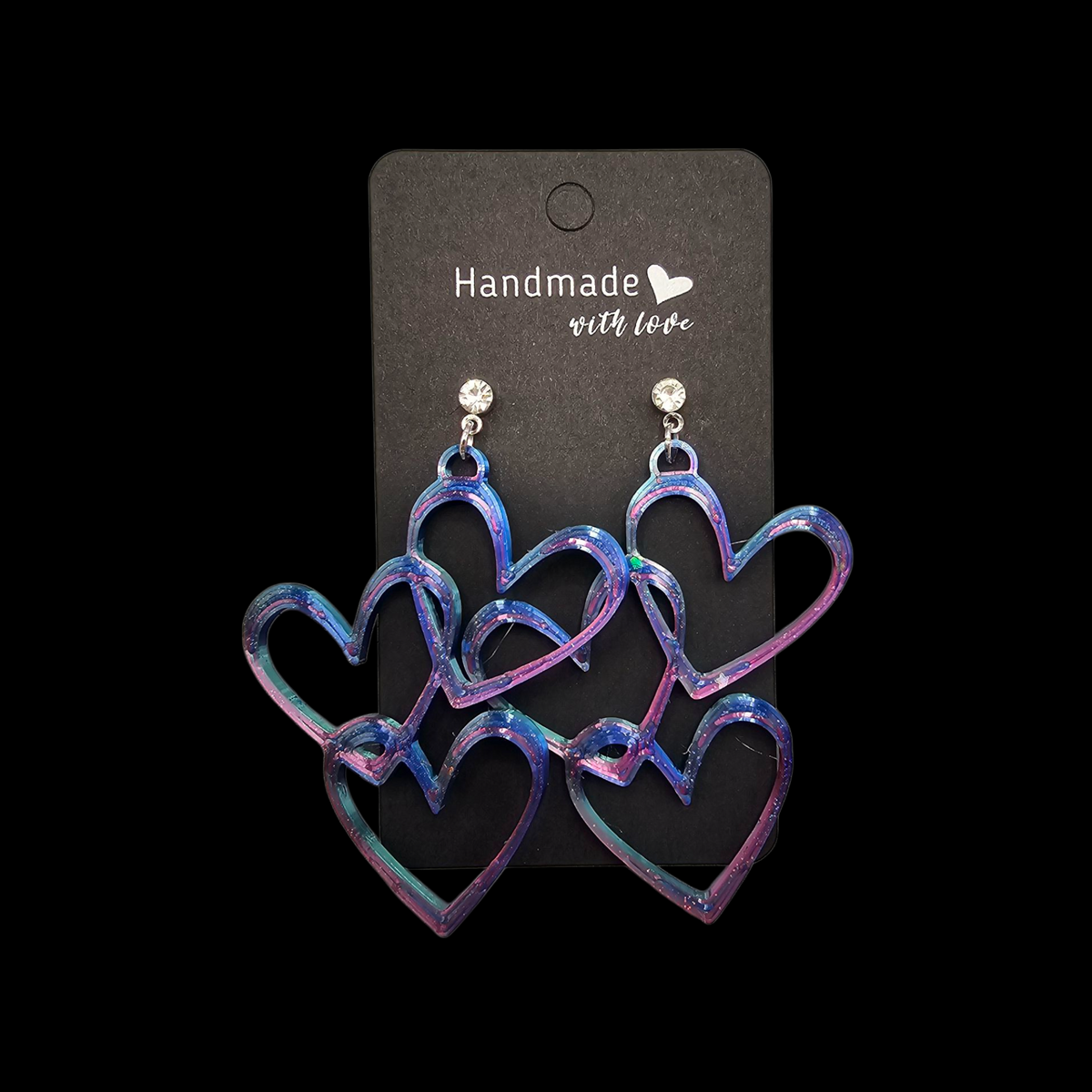 3D-geprinte hart oorbellen – handgemaakt op glitterplaat – lichtgewicht en speels design