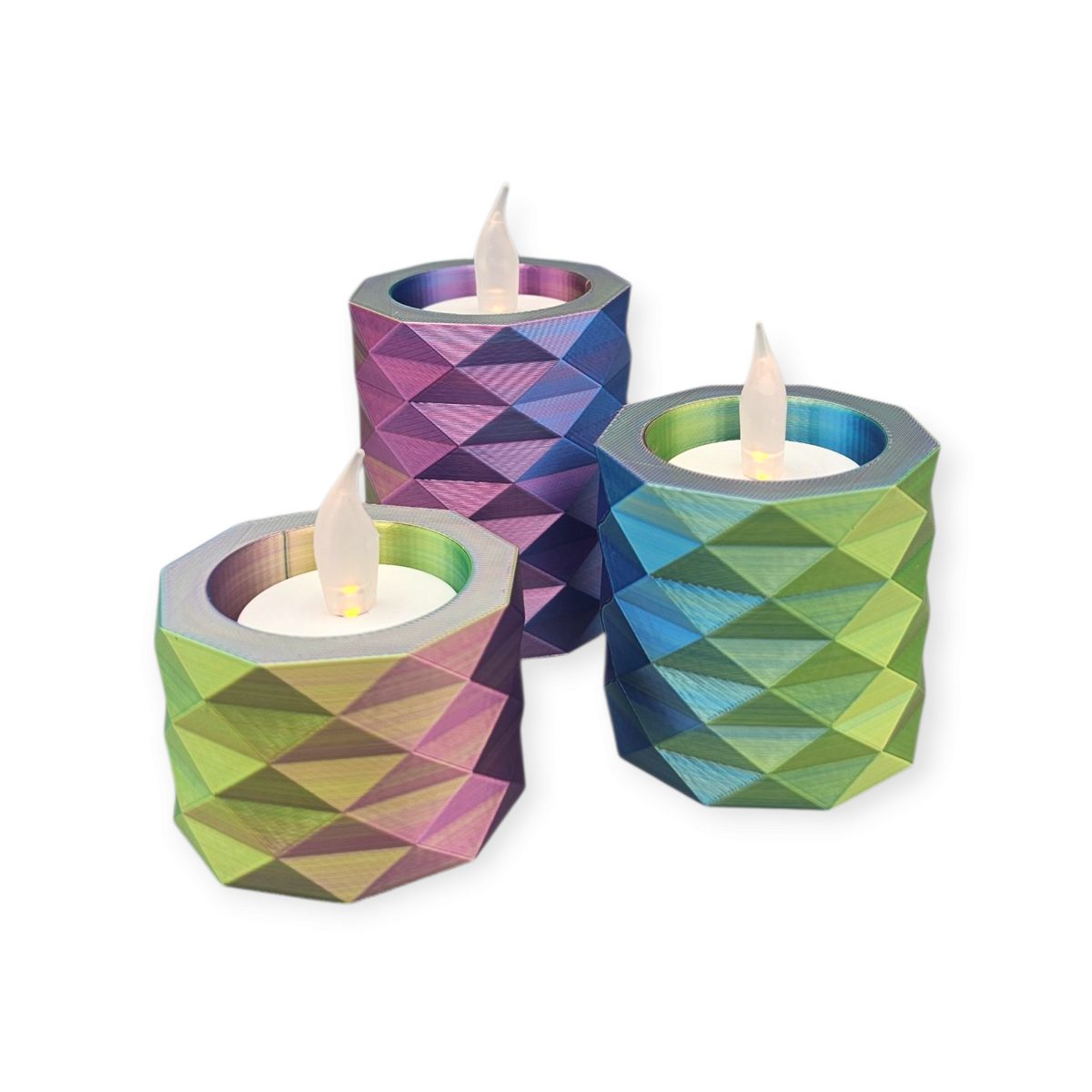3D-geprinte waxinelichthouders met LED lichtjes set van 3 – moderne sfeerverlichting (niet geschikt tegen hitte)