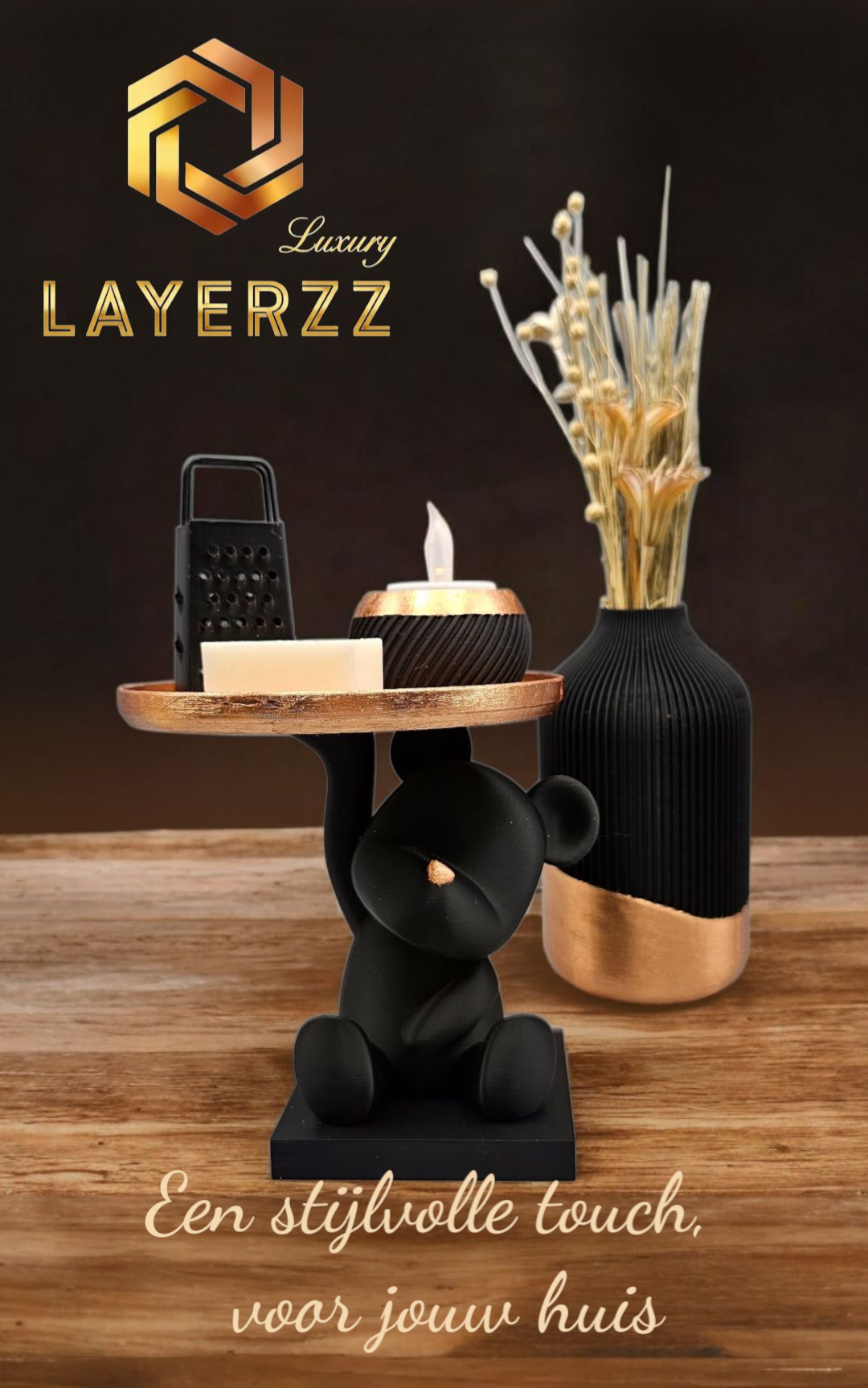 Luxury Layerzz – Bear Tray Figure | Rose Gold Leaf Accent