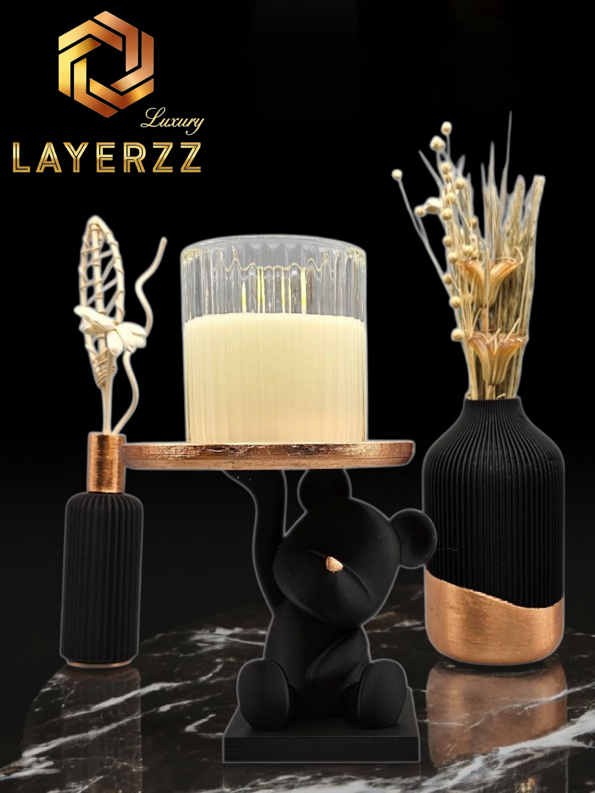 Luxury Layerzz – Bear Tray Figure | Rose Gold Leaf Accent