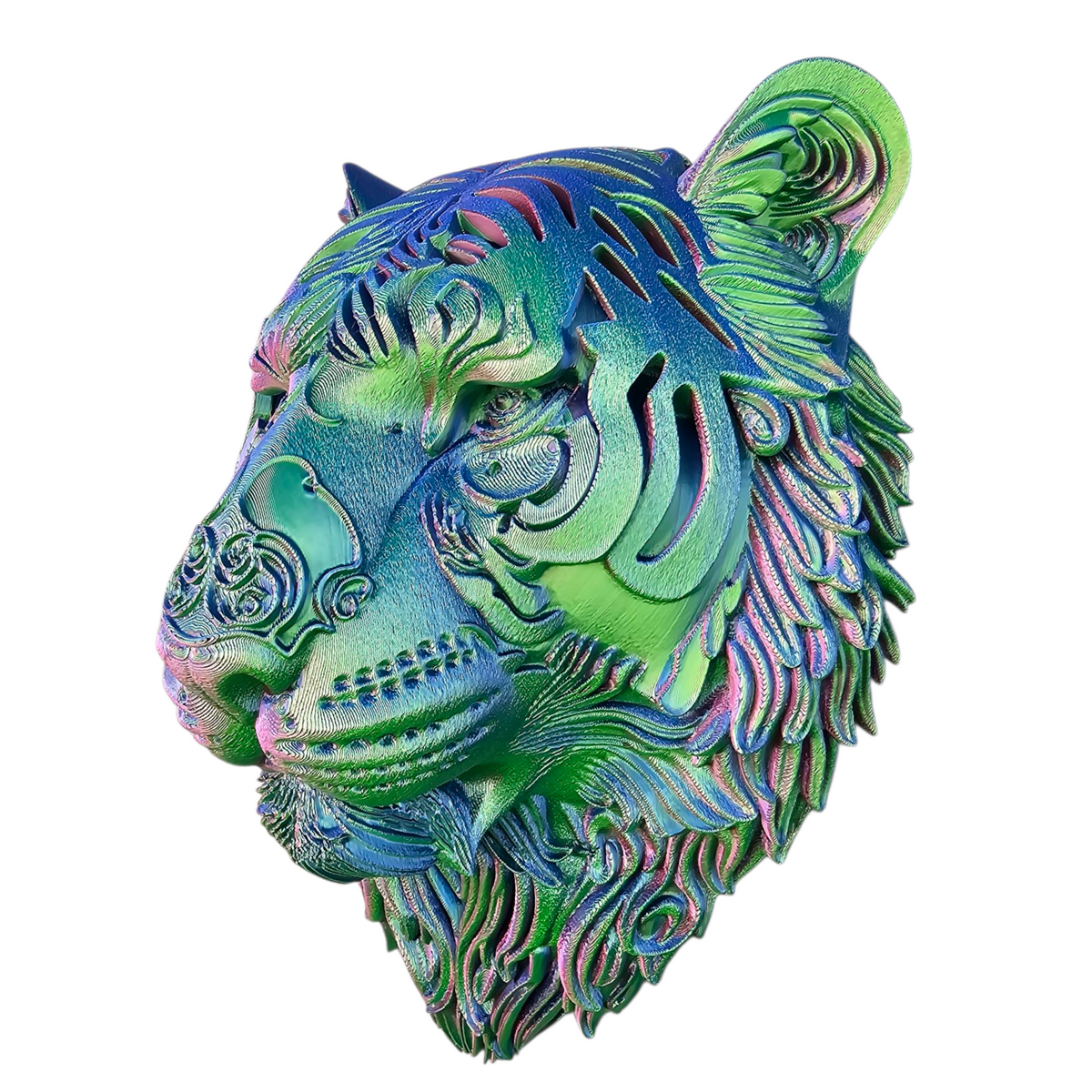Tijgerkop Wanddecoratie – 3D geprint Optisch Kleurspel - eyecather
