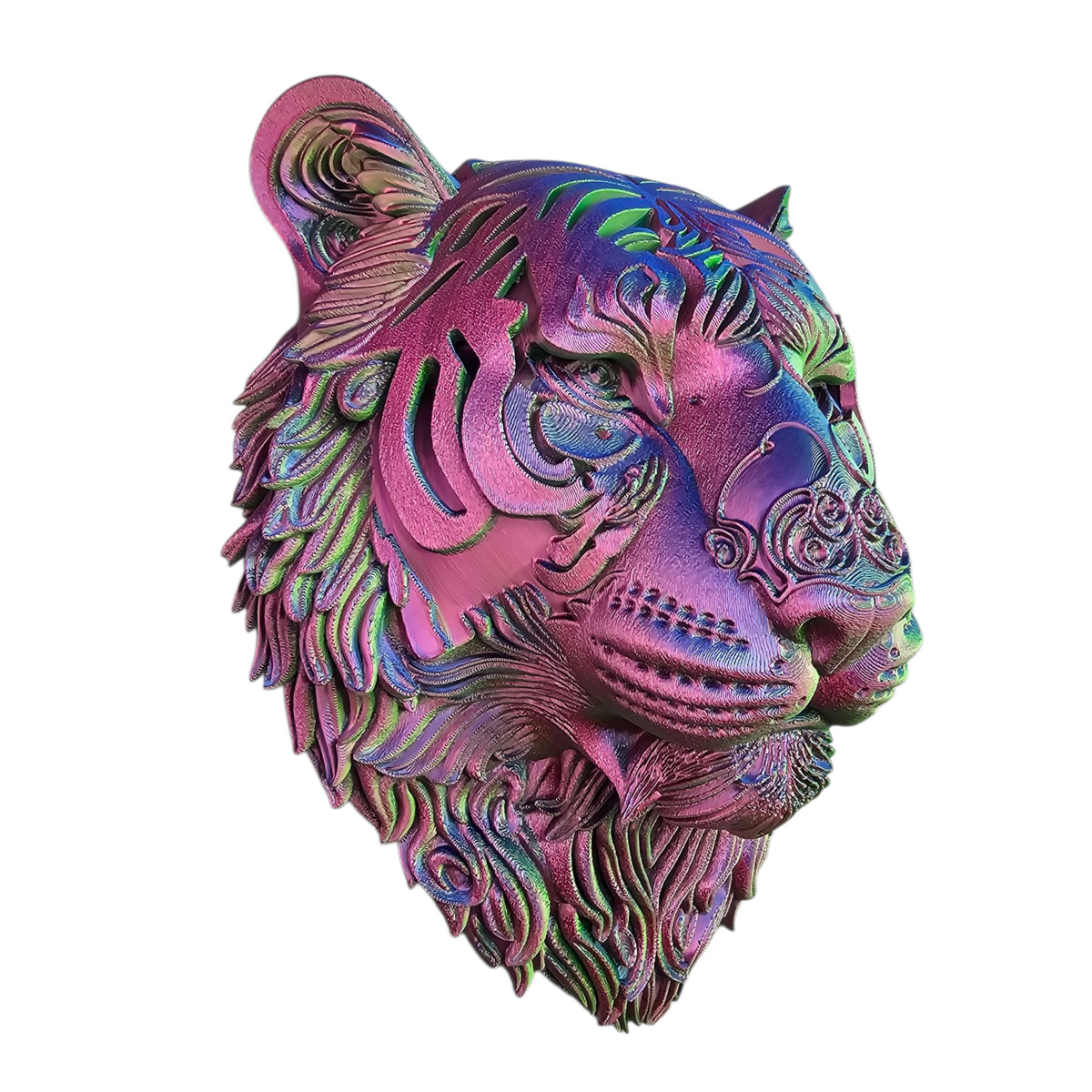 Tijgerkop Wanddecoratie – 3D geprint Optisch Kleurspel - eyecather