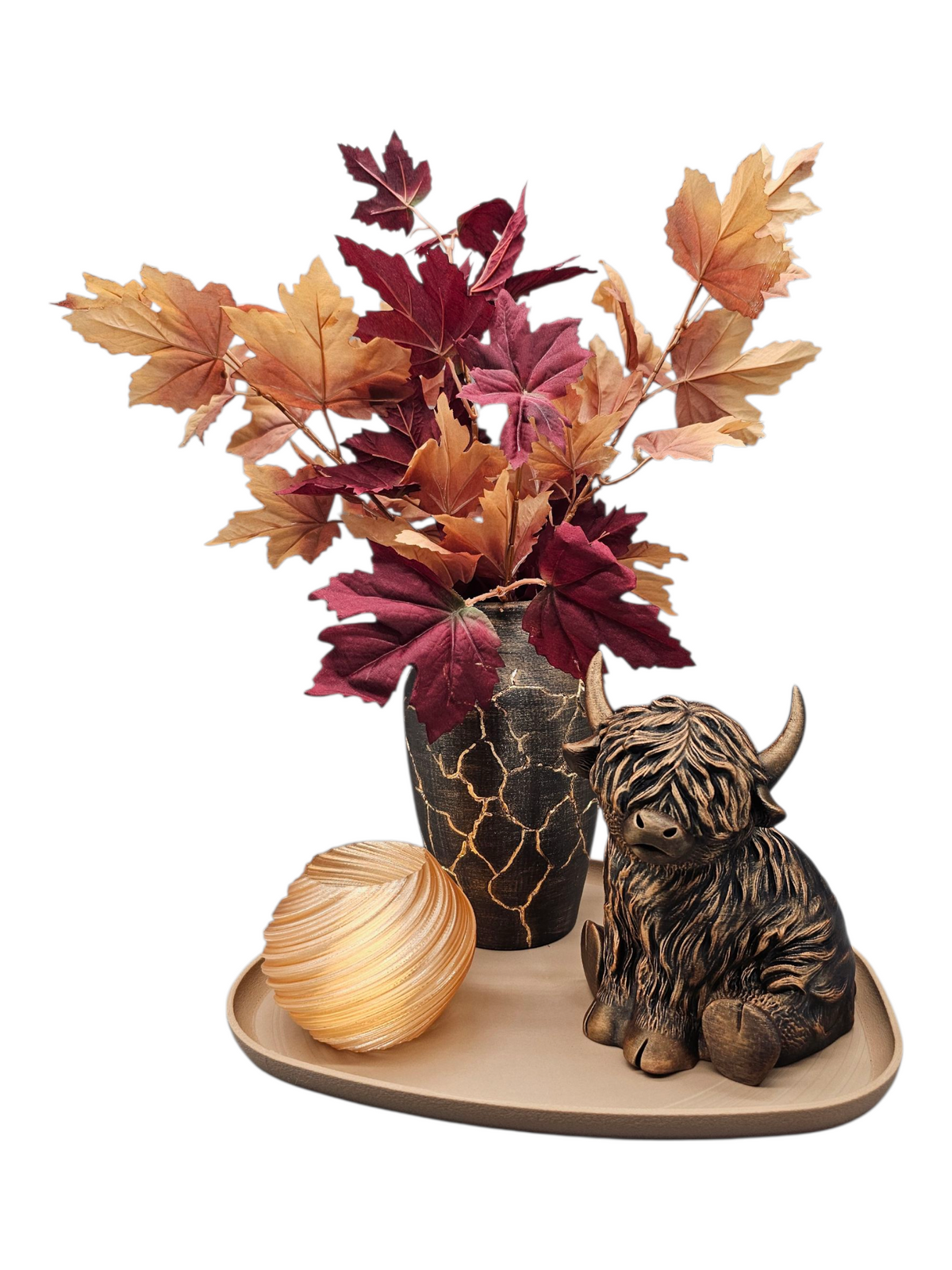 Luxe Herfst Decoratieset – Beige Dienblad met Handgeschilderde Vaas, Highlander Cow & LED Licht