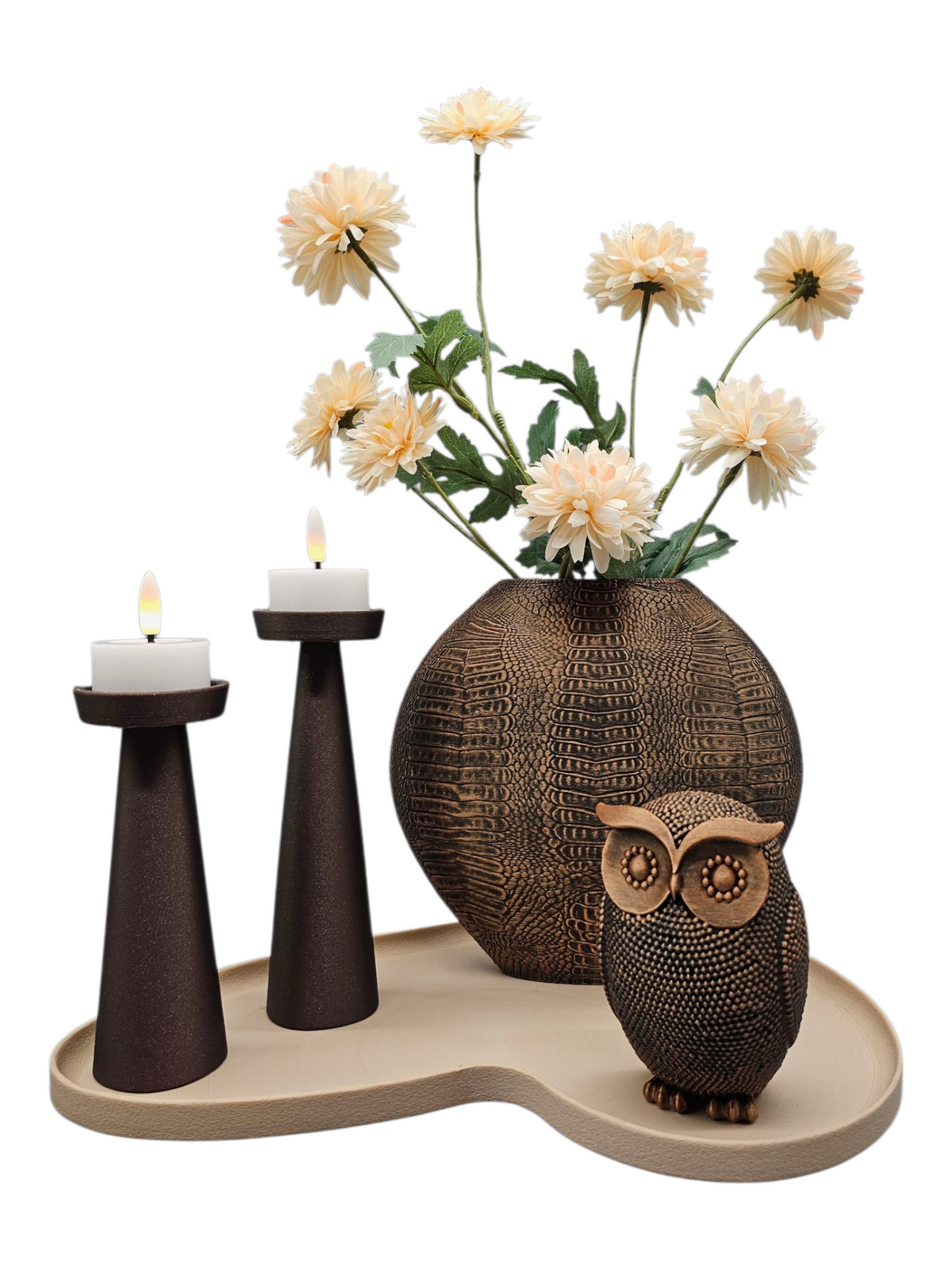 Luxe Decoratieset Beige & Bruin – Organisch Dienblad met Vaas, Uil & LED Waxines