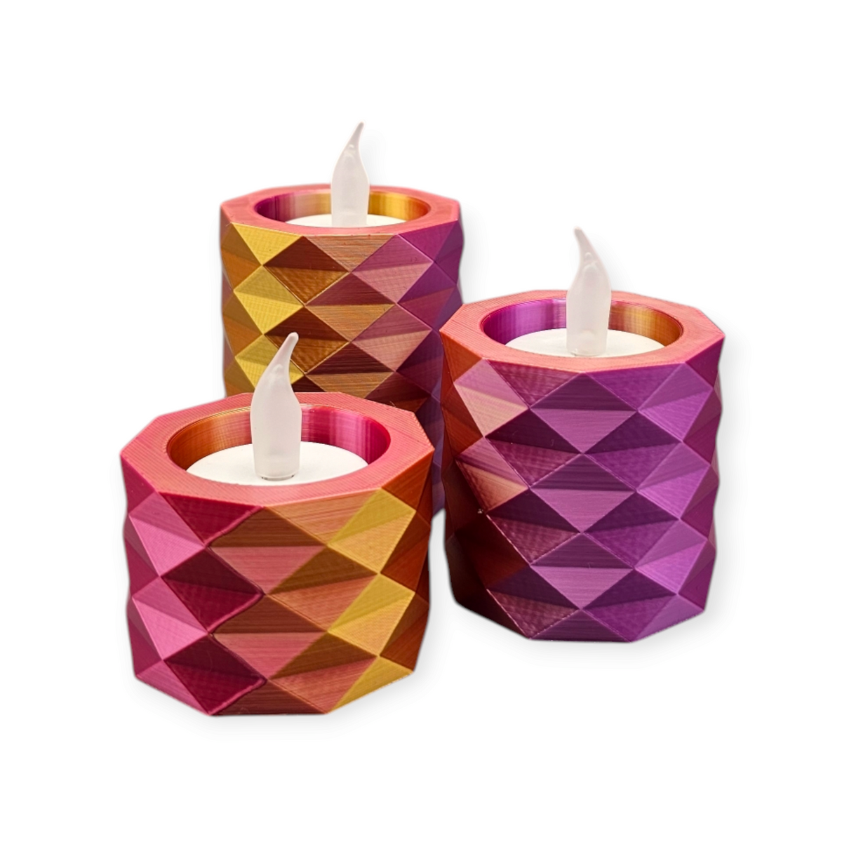 3D-geprinte waxinelichthouders met LED lichtjes set van 3 – moderne sfeerverlichting (niet geschikt tegen hitte)