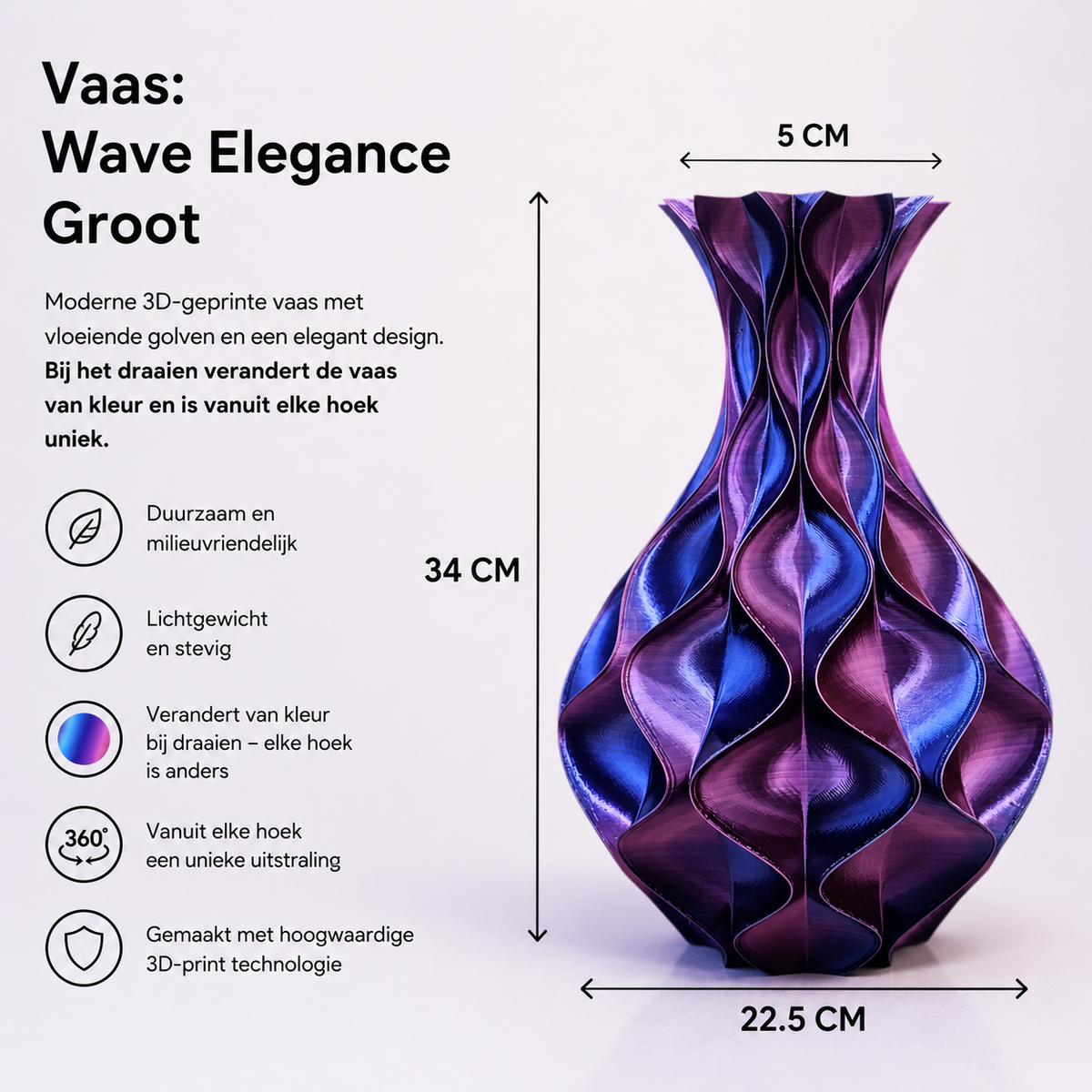 Wave Elegance - 3D geprinte Design vaas - 3 maten