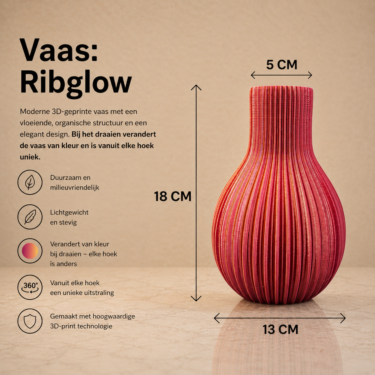 Ribglow - moderne 3D geprinte vaas met Ribbels