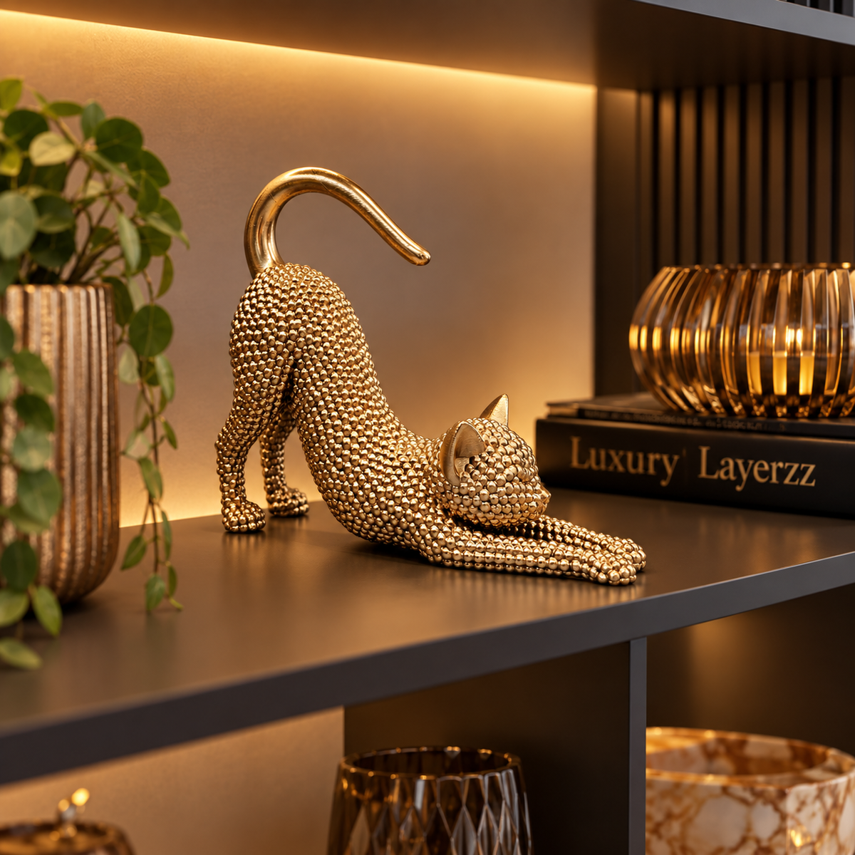 Decoratief Kattenbeeld – Liggende Kat | Champagne goud