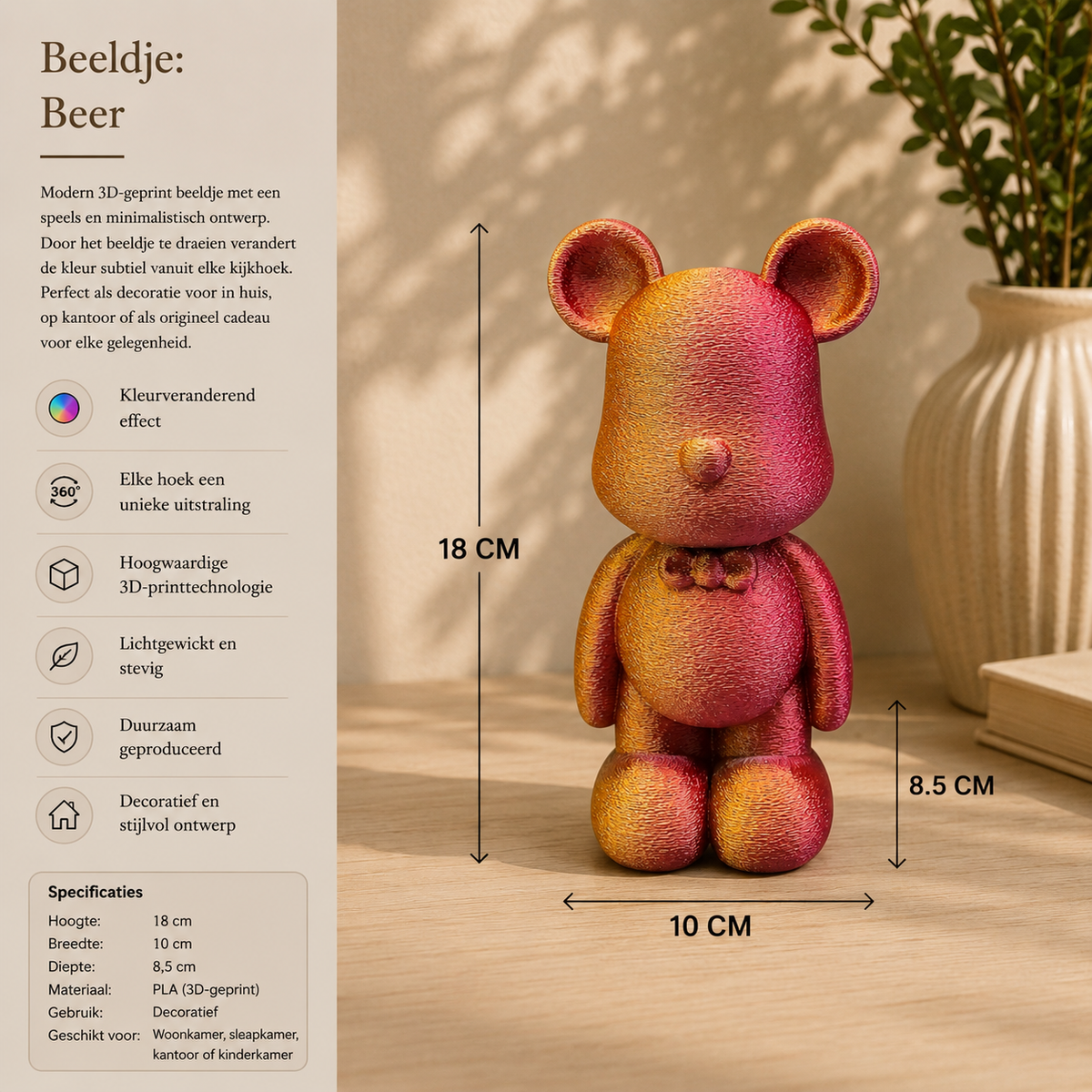 3D Geprinte Fuzzy Beer - Unieke Decoratie in Matte & Glanzende Kleuren