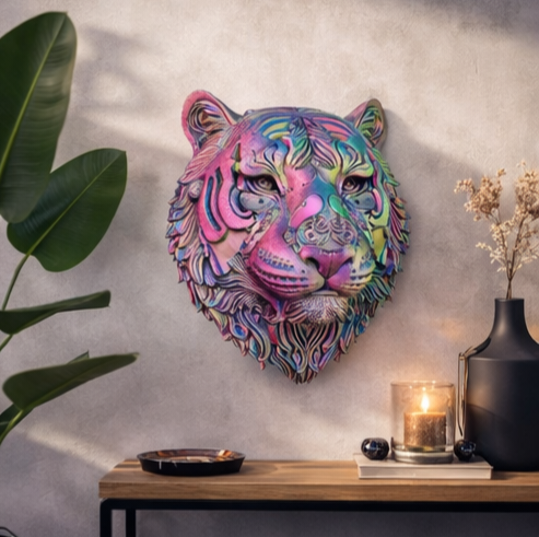Tijgerkop Wanddecoratie – 3D geprint Optisch Kleurspel - eyecather