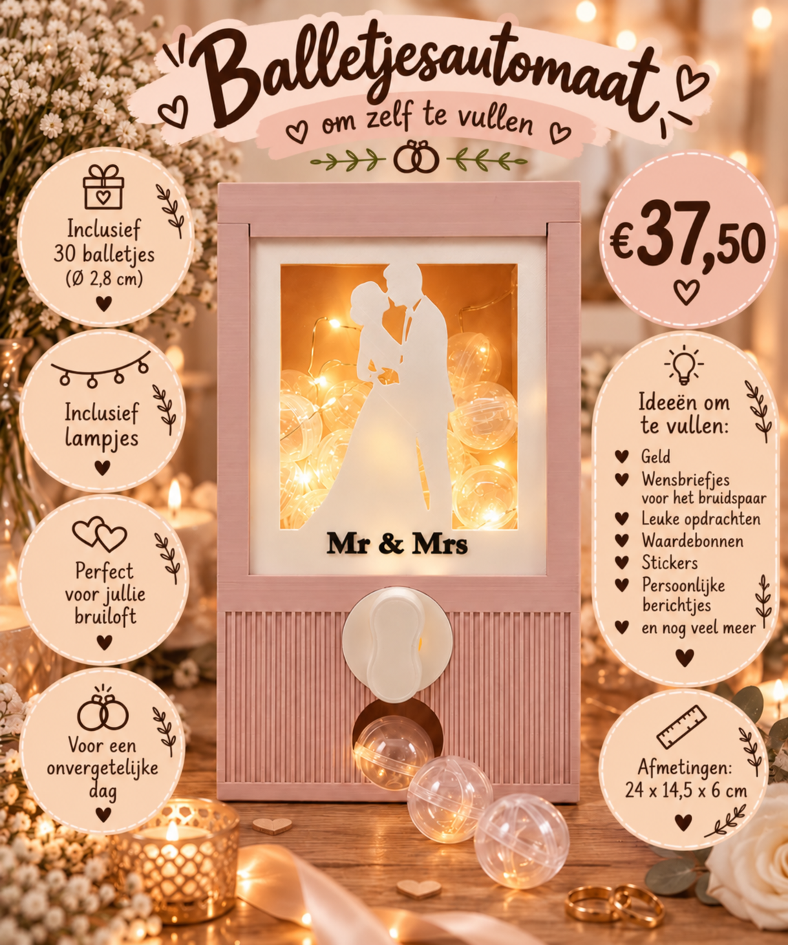 Bruiloft Capsule Automaat met verlichting – 30 balletjes