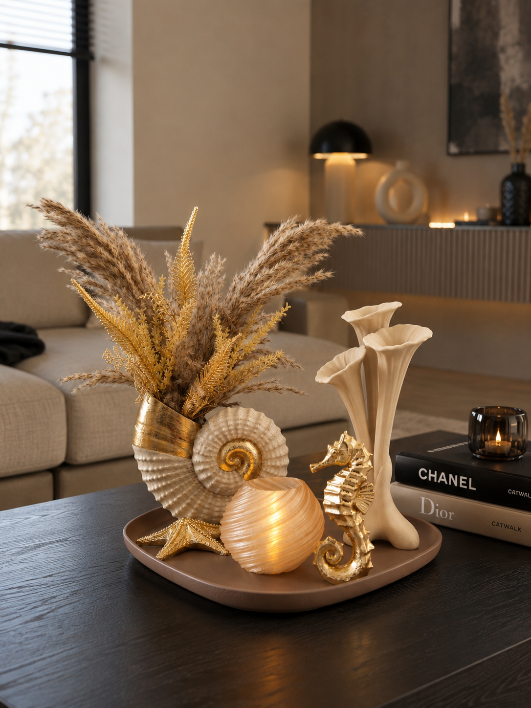 Ocean Luxe - Luxe Woondecoratie Set met Dienblad Beige en Goud - 3D geprint