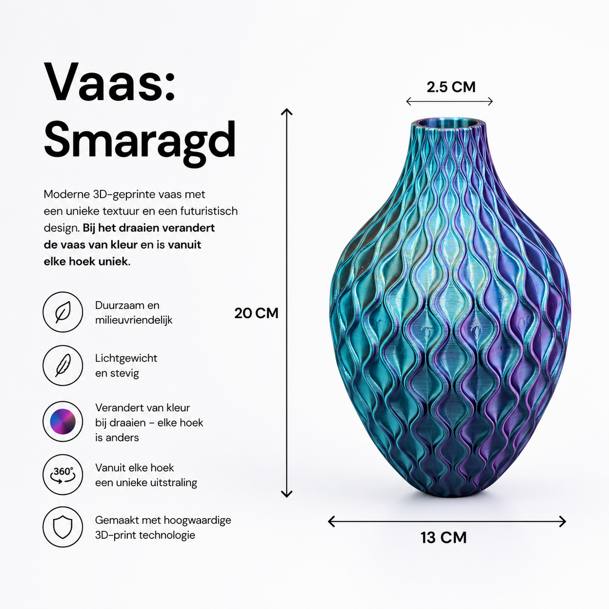 Smaragd - 3D geprinte Design vaas voor droogbloemen