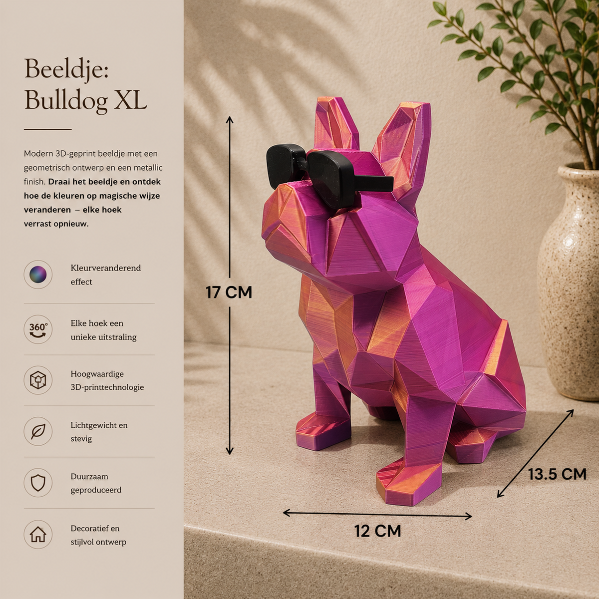 3D Geprinte Bulldog met Zonnebril - Unieke Kleuren & 2 Maten