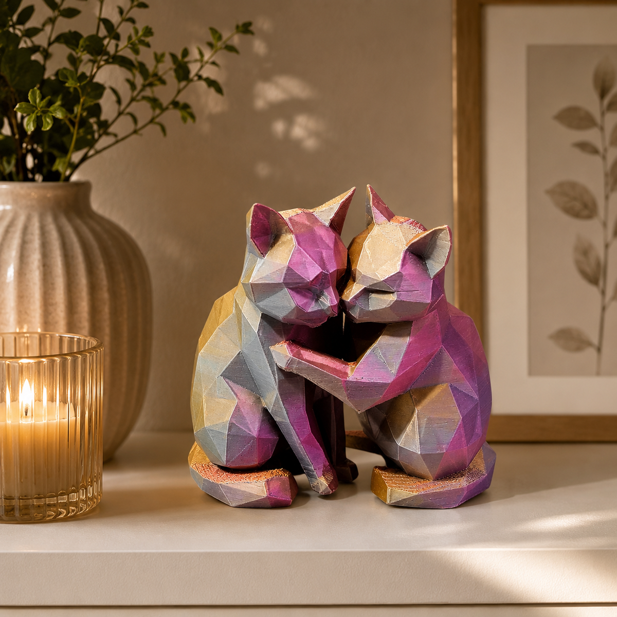 Geometrisch Poezenkoppel | 3D Geprint Kattenbeeldje in Meerkleurig Filament