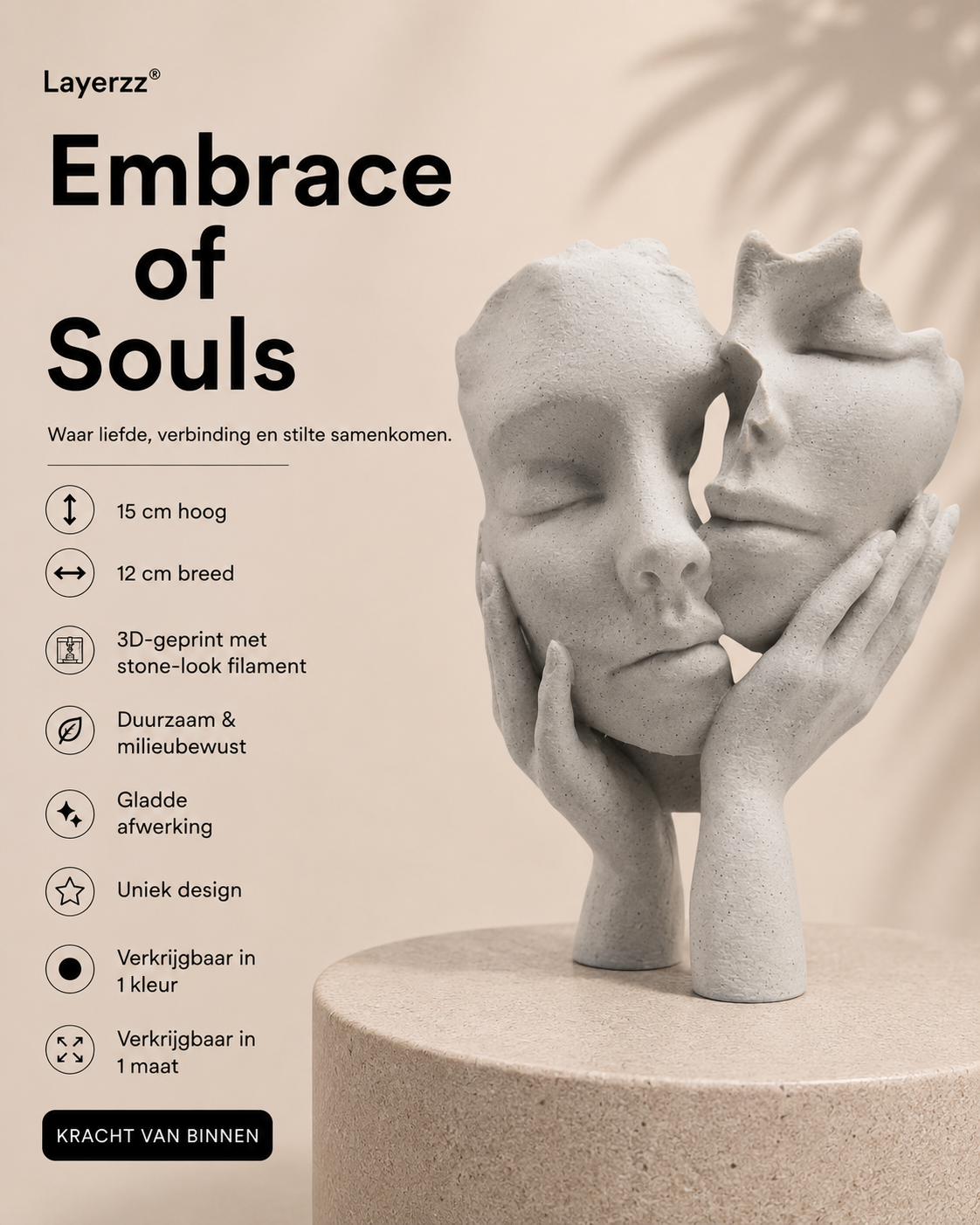 Embrace of souls- 3-D geprint beeld in stonelook 15 cm