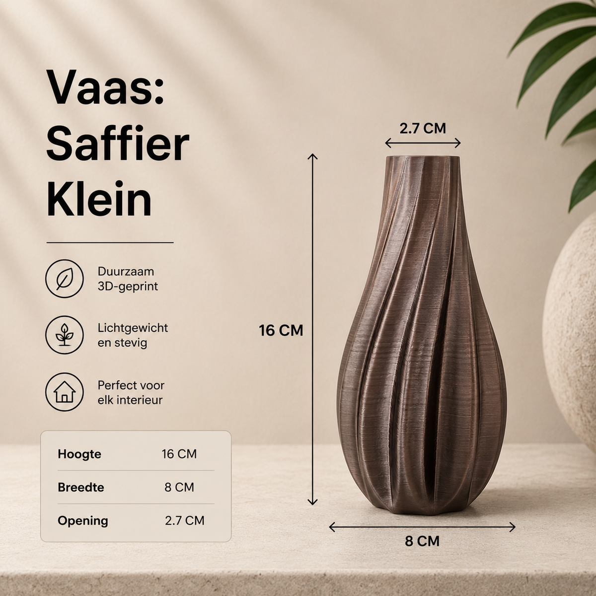 Saffier Moderne 3D geprinte Japandi vaas in 3 maten