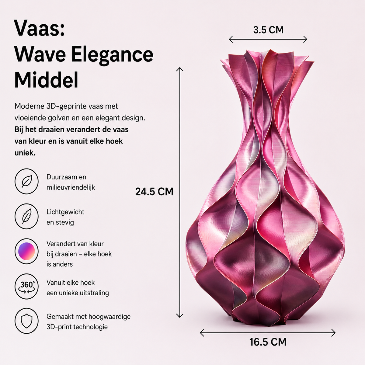Wave Elegance - 3D geprinte Design vaas - 3 maten