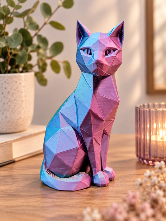 Geometrisch Poezenbeeldje | 3D Geprinte Kat in Meerkleurig Filament