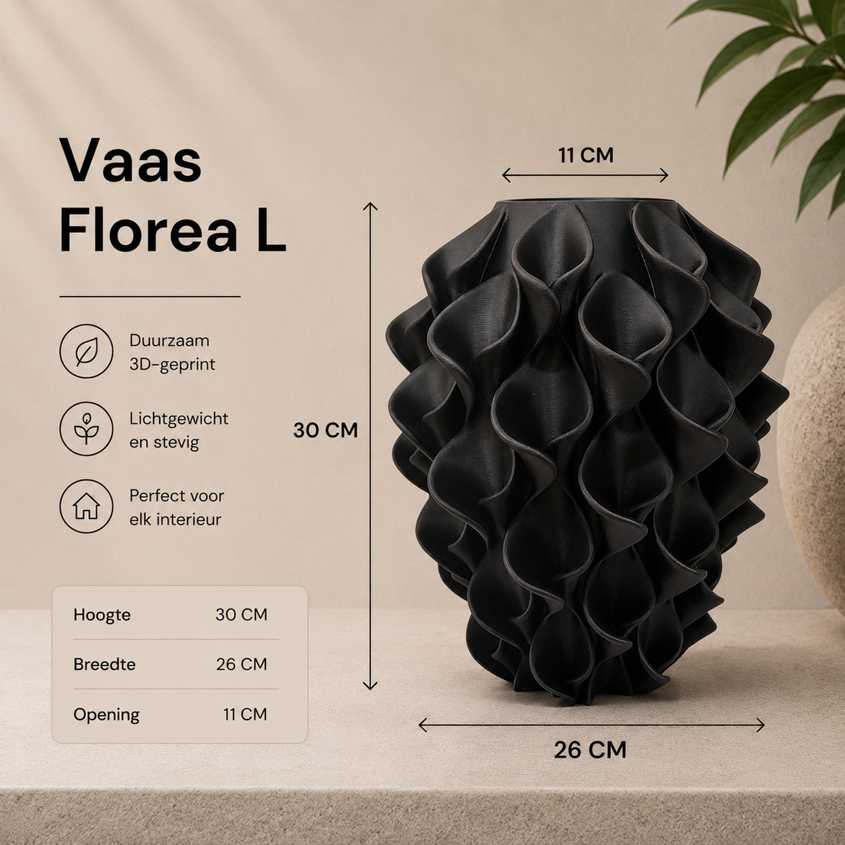 Florea 3D geprinte Design vaas in 3 maten - diverse kleuren