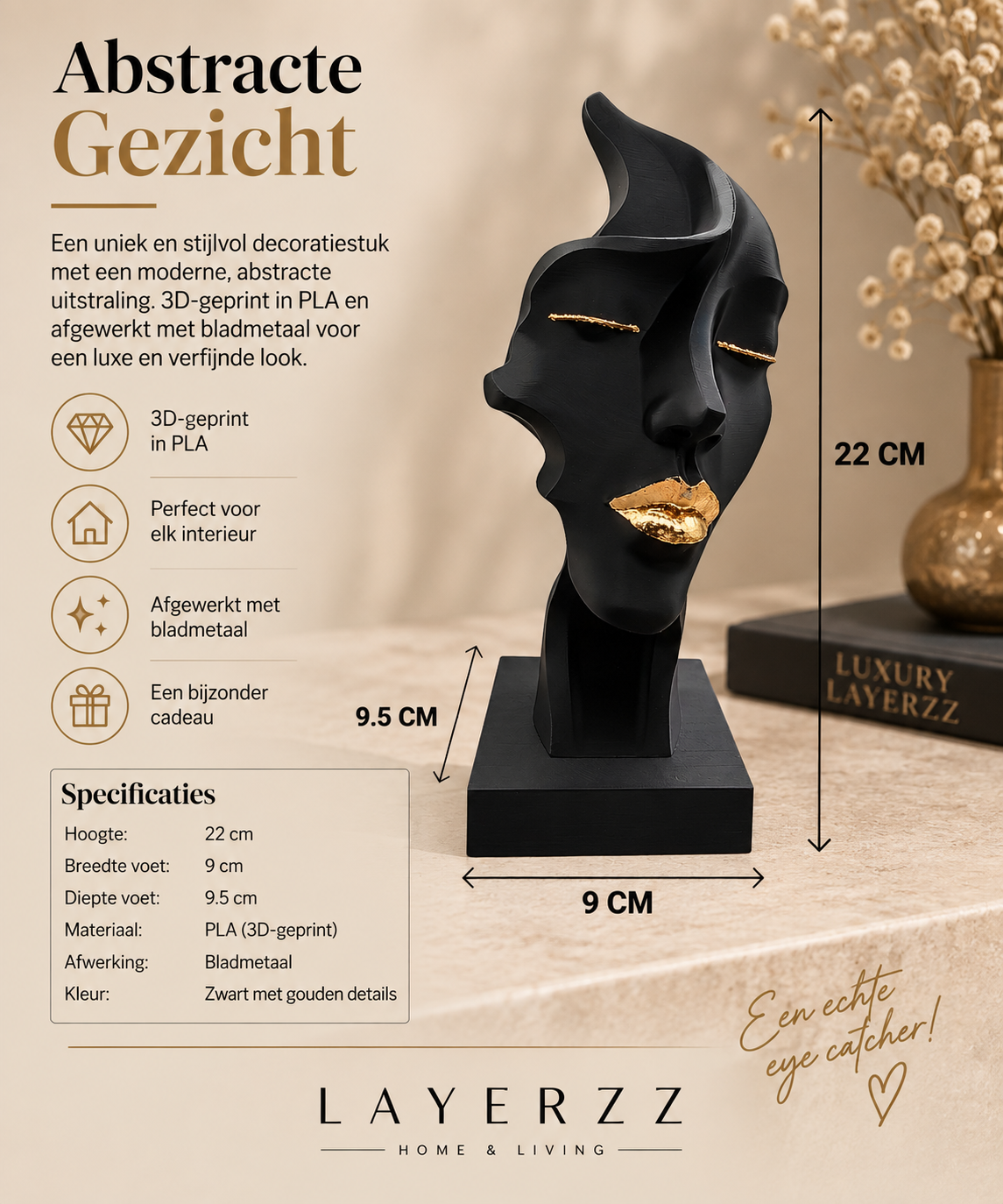 Abstract Vrouwelijk Beeld Zwart met Gouden Lippen | Golden Lips 3D geprint