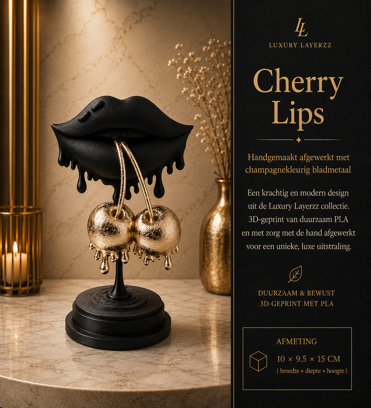 Luxury Layerzz – Cherry Lips | Black & Champagne Gold - Sculptuur - eyecatcher - cadeau