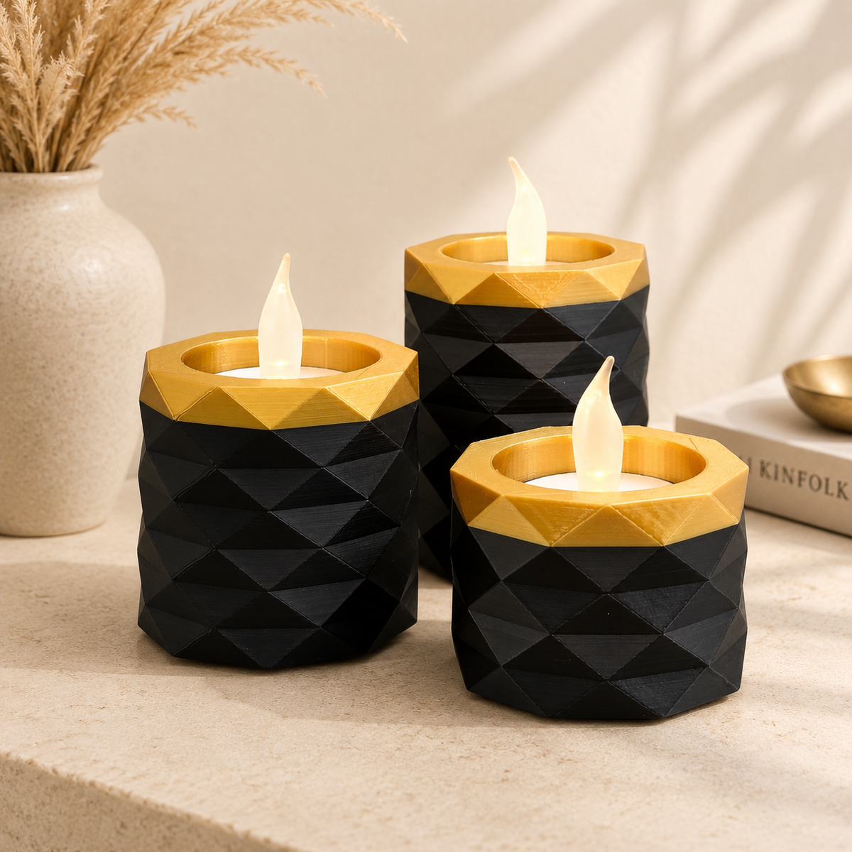 Luxury Layerzz LED Waxinelichthouders – Set van 3 zwart met goud of koper - homedecoration