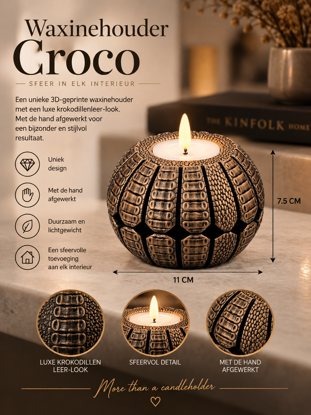 Croco Waxinelichthouder – Decoratieve LED Kaarsenhouder met Krokodillenlook