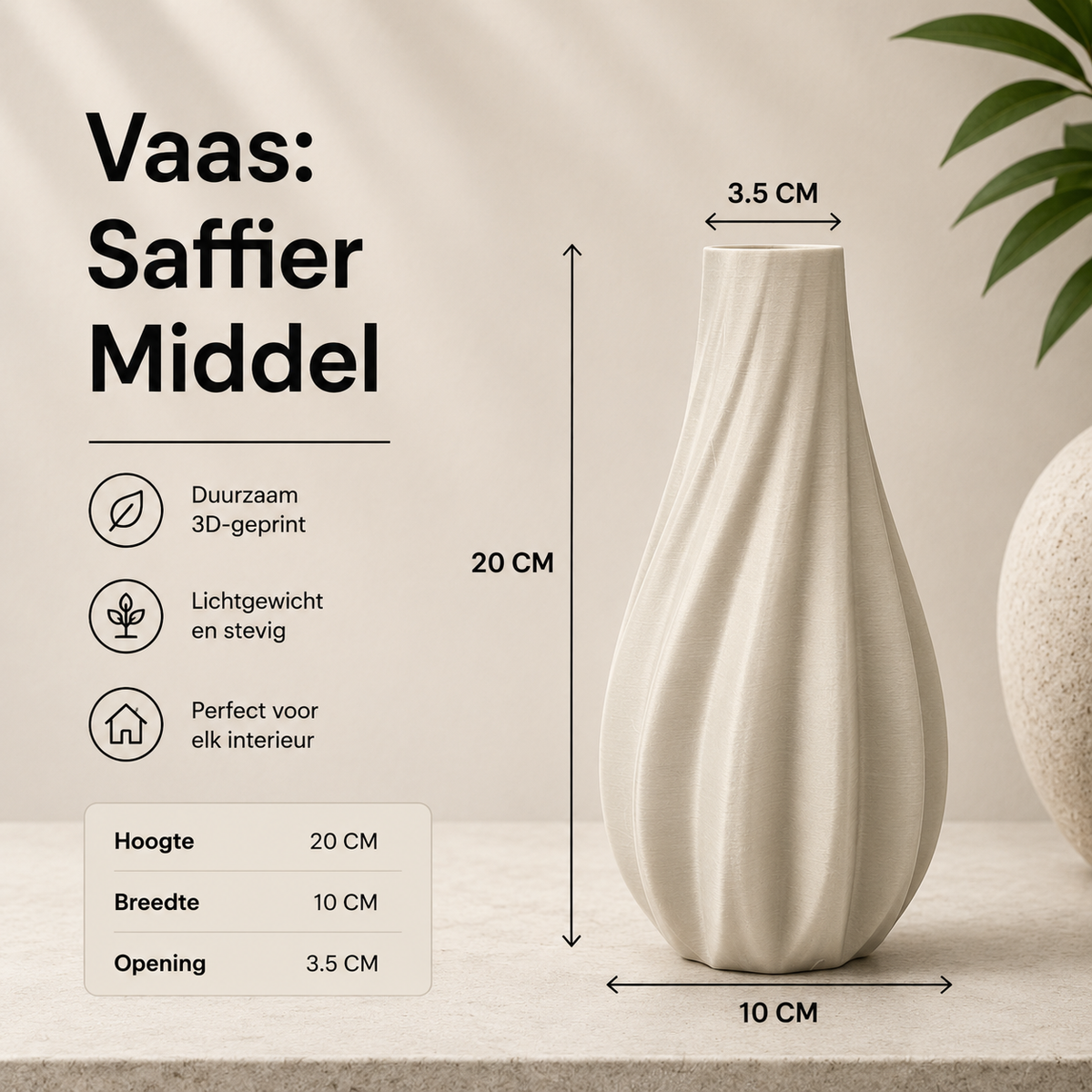 Saffier Moderne 3D geprinte Japandi vaas in 3 maten