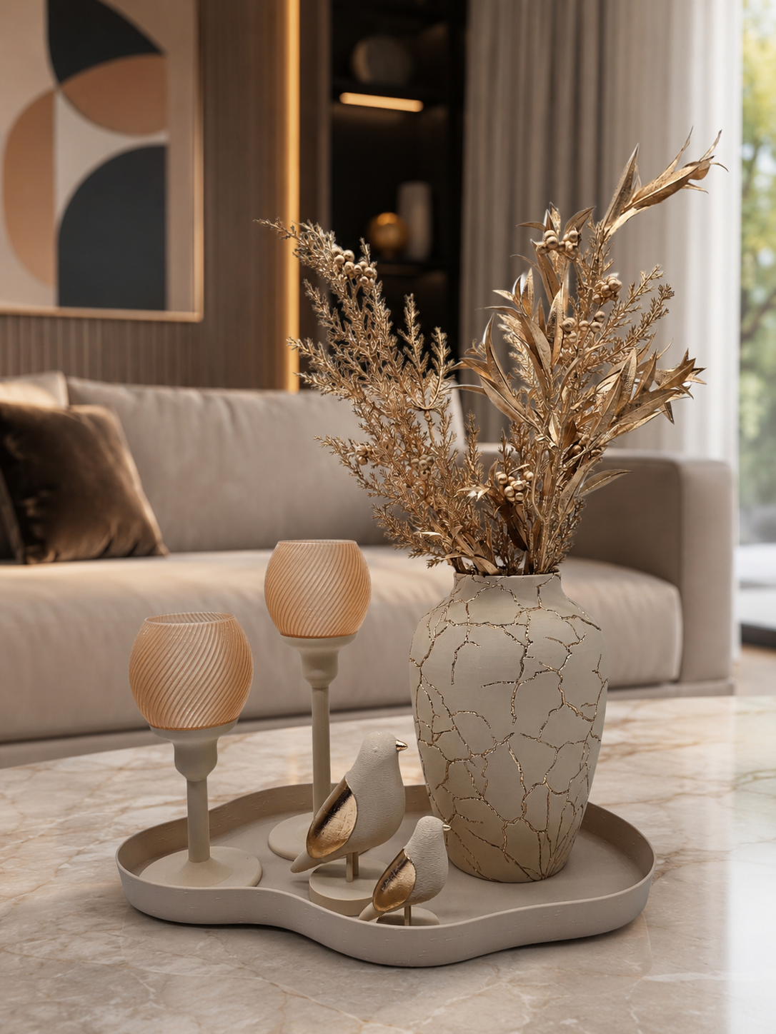 Luxury Layerzz – Luxury Birds | Beige & Champagne Goud - minimalistisch - Japandi Style - 3 maten
