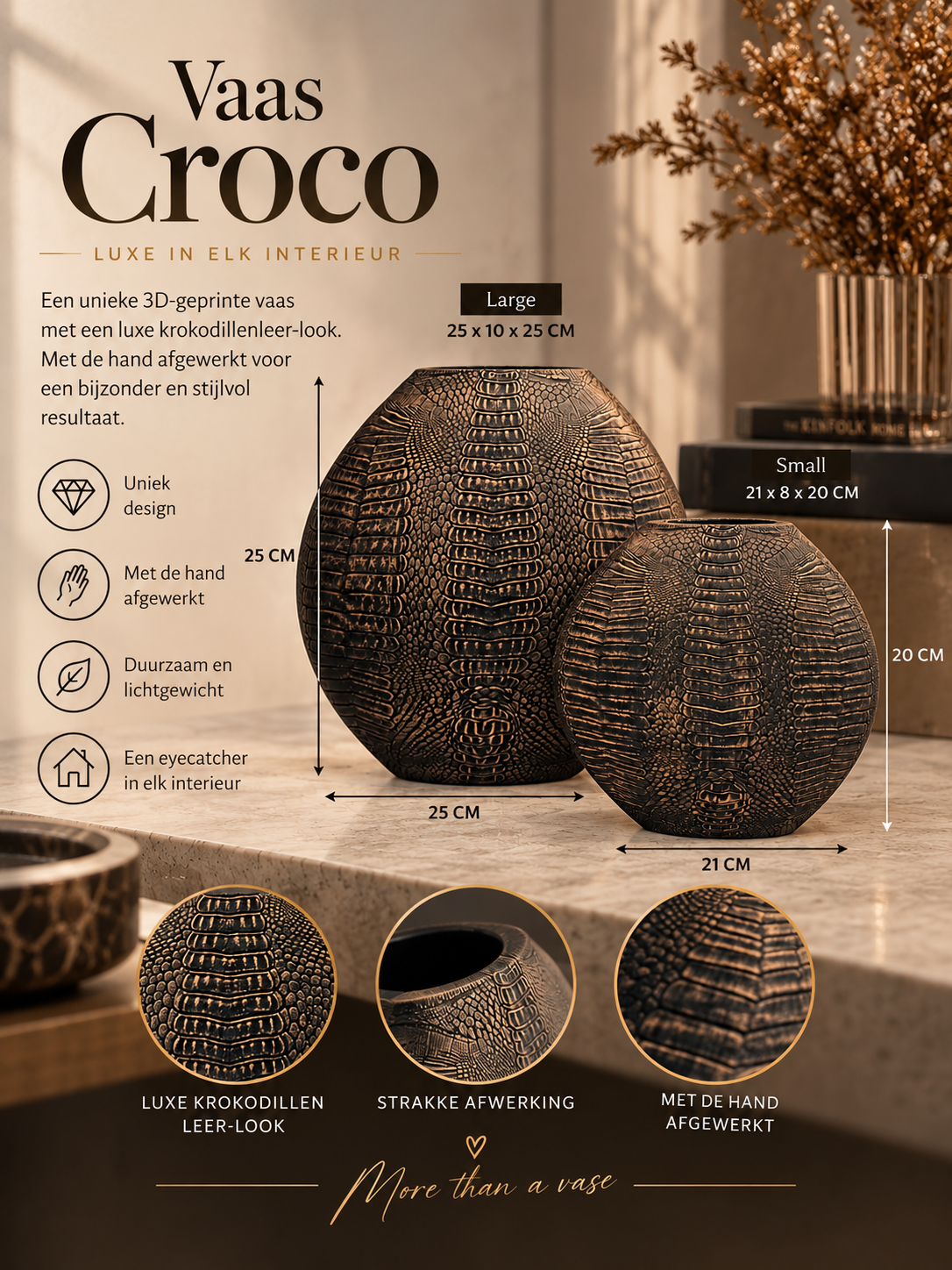 Vaas Croco – stoer reliëf met een luxe metallic uitstraling