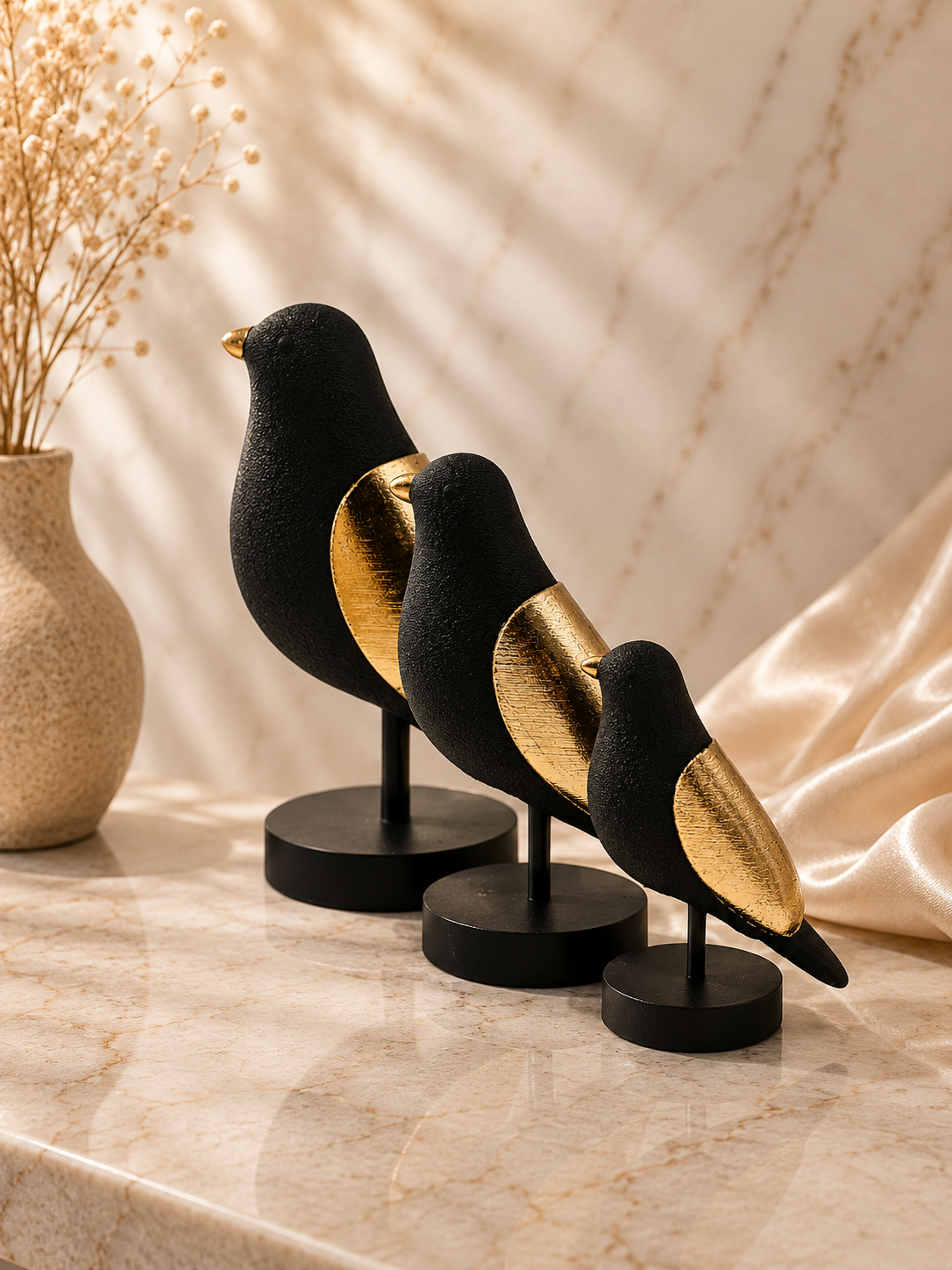 Luxury Layerzz – Luxury Birds | zwart & Champagne Goud - minimalistisch - Japandi Style - 3 maten