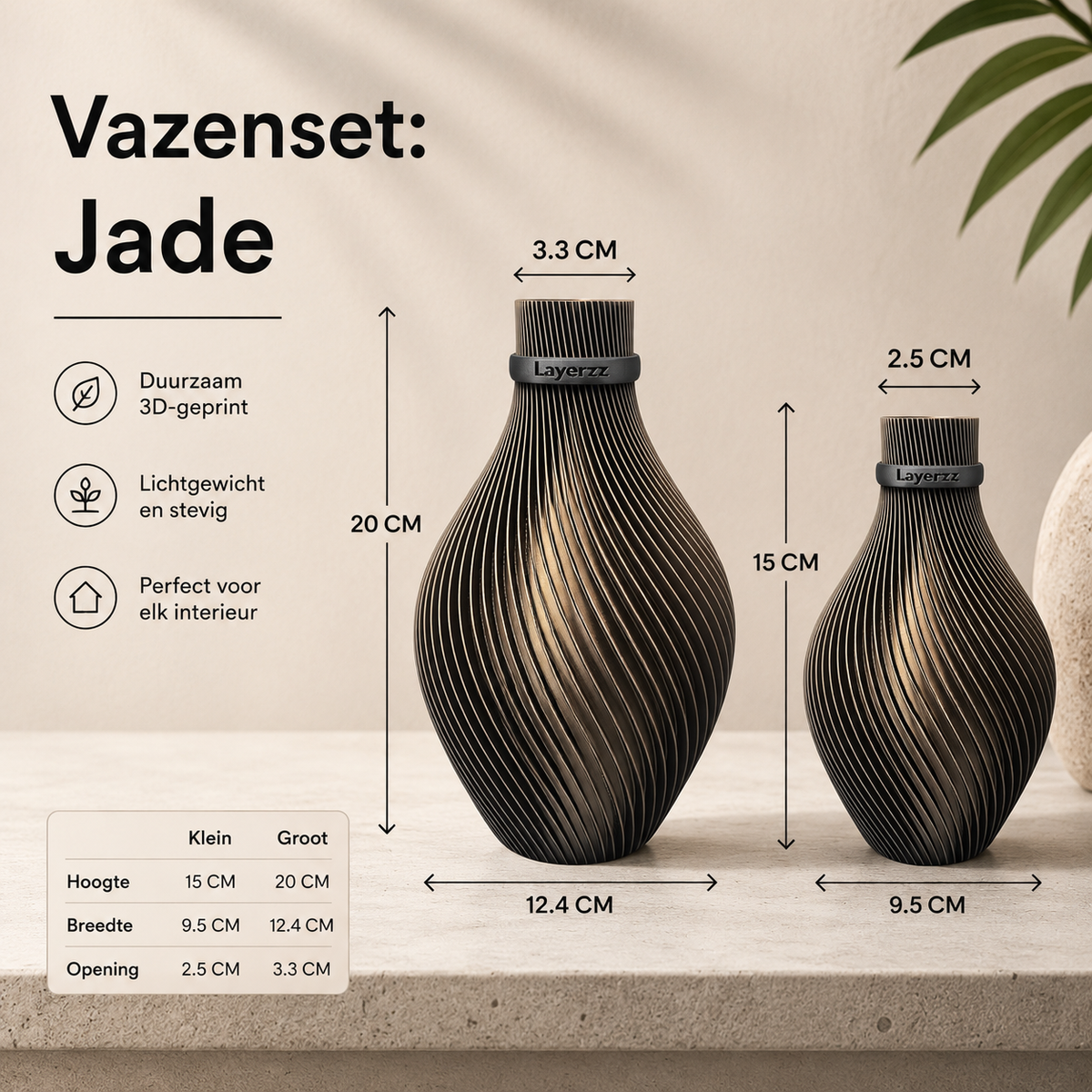 Jade moderne 3D geprinte vaas - Beschikbaar in 2 maten en als set