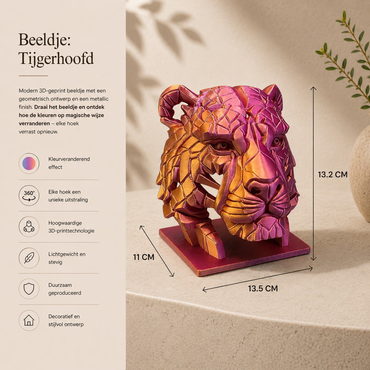 Tijgerbeeld geometrisch 3D geprint design