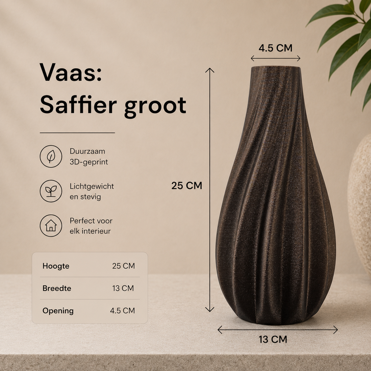 Saffier Moderne 3D geprinte Japandi vaas in 3 maten