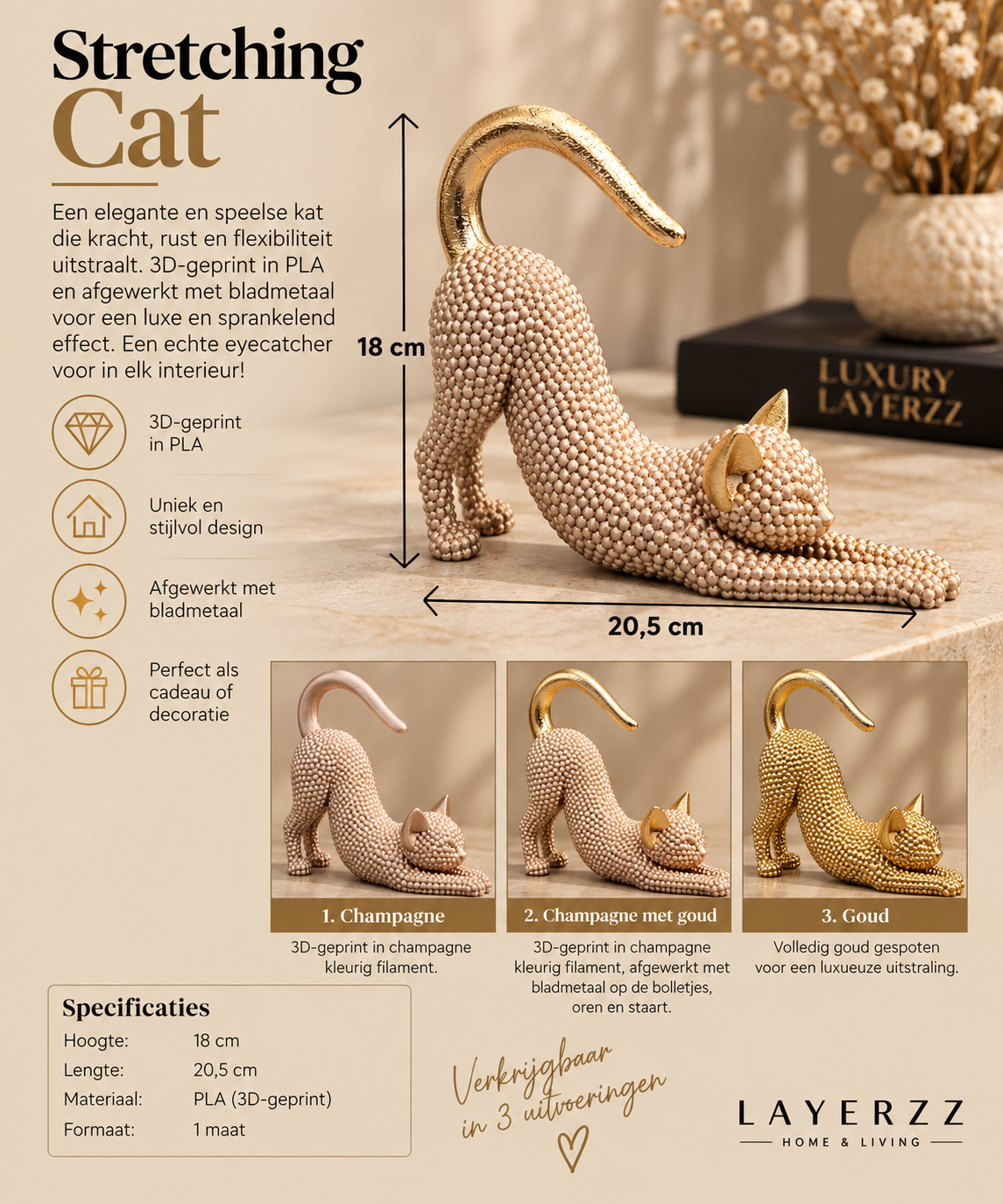 Decoratief Kattenbeeld – Liggende Kat | Champagne goud