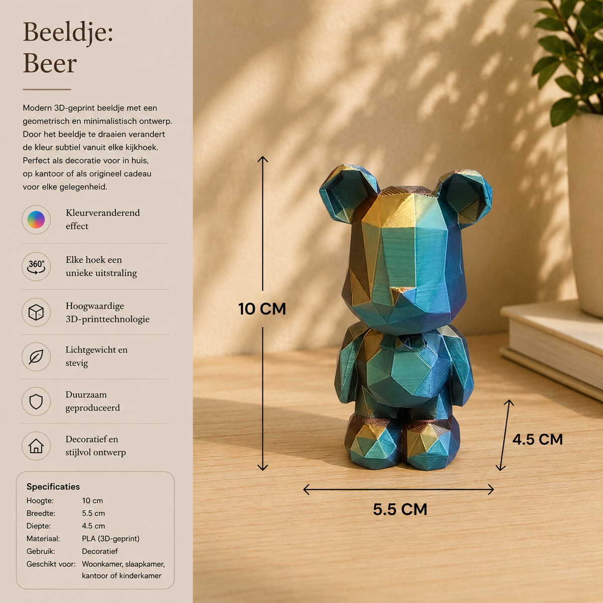 3D Geometrisch Beertje | Kleurrijke Mini Decoratie van Meerkleurig Filament