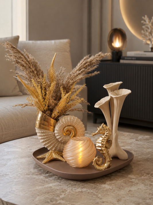 Ocean Luxe - Luxe Woondecoratie Set met Dienblad Beige en Goud - 3D geprint