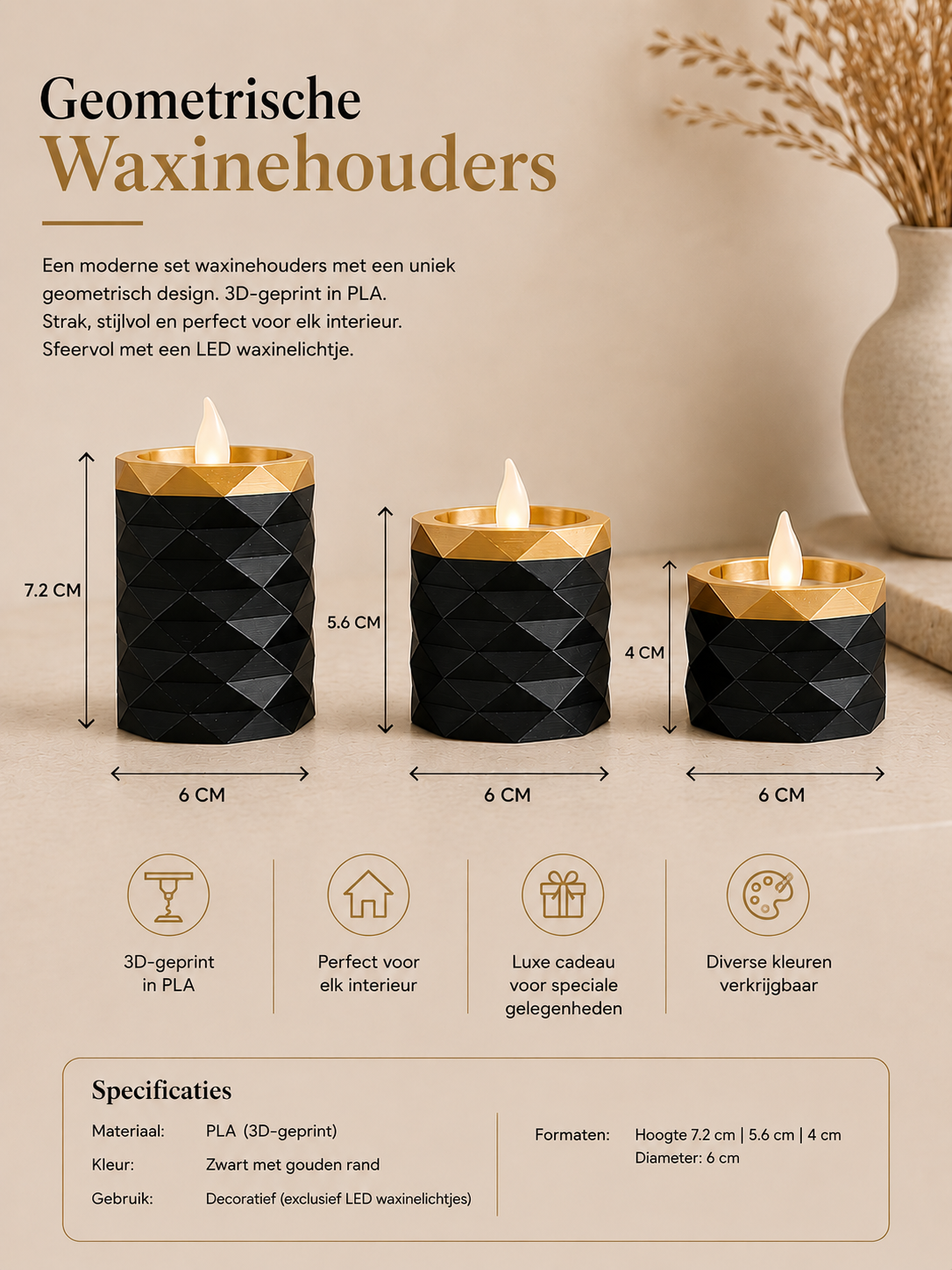 Luxury Layerzz LED Waxinelichthouders – Set van 3 zwart met goud of koper - homedecoration
