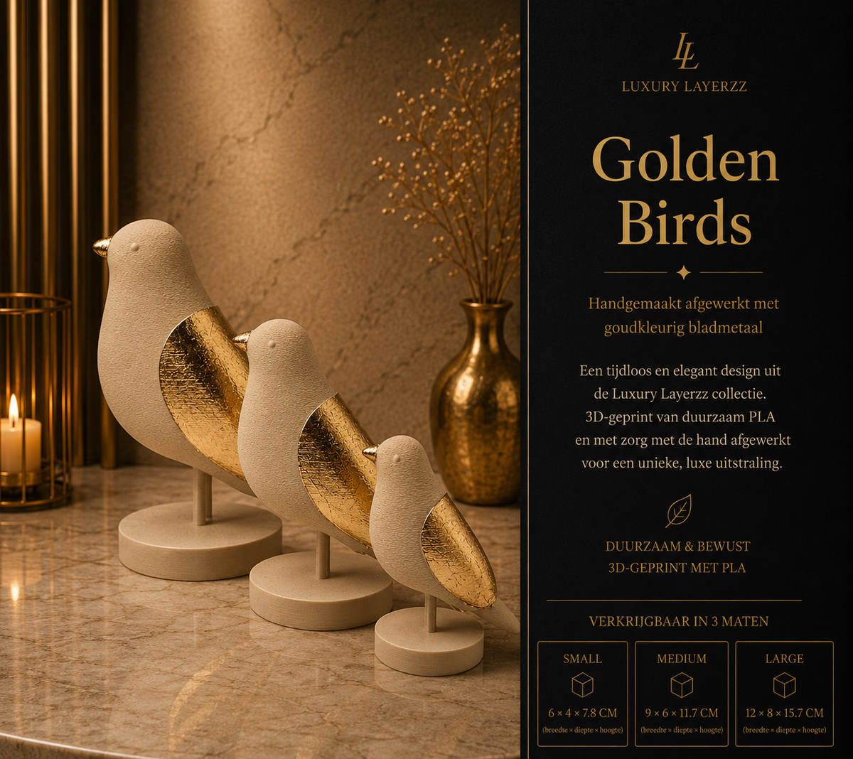 Luxury Layerzz – Luxury Birds | Beige & Champagne Goud - minimalistisch - Japandi Style - 3 maten