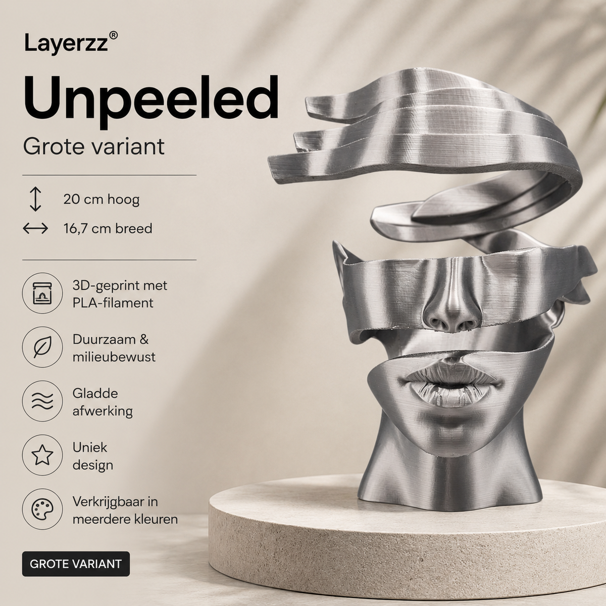 Layerzz unpeeled - 3D geprint kunstbeeld 2 maten diverse kleuren