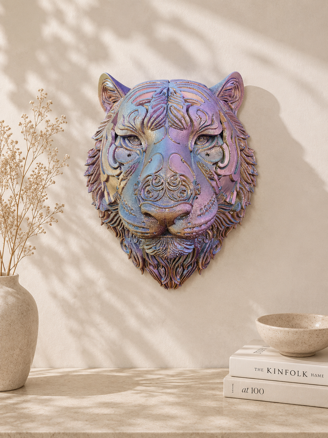 Tijgerkop Wanddecoratie – 3D geprint Optisch Kleurspel - eyecather