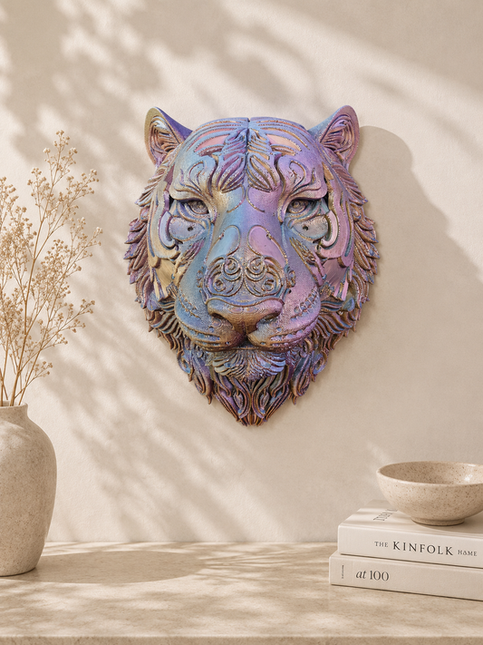 Tijgerkop Wanddecoratie – 3D geprint Optisch Kleurspel - eyecather