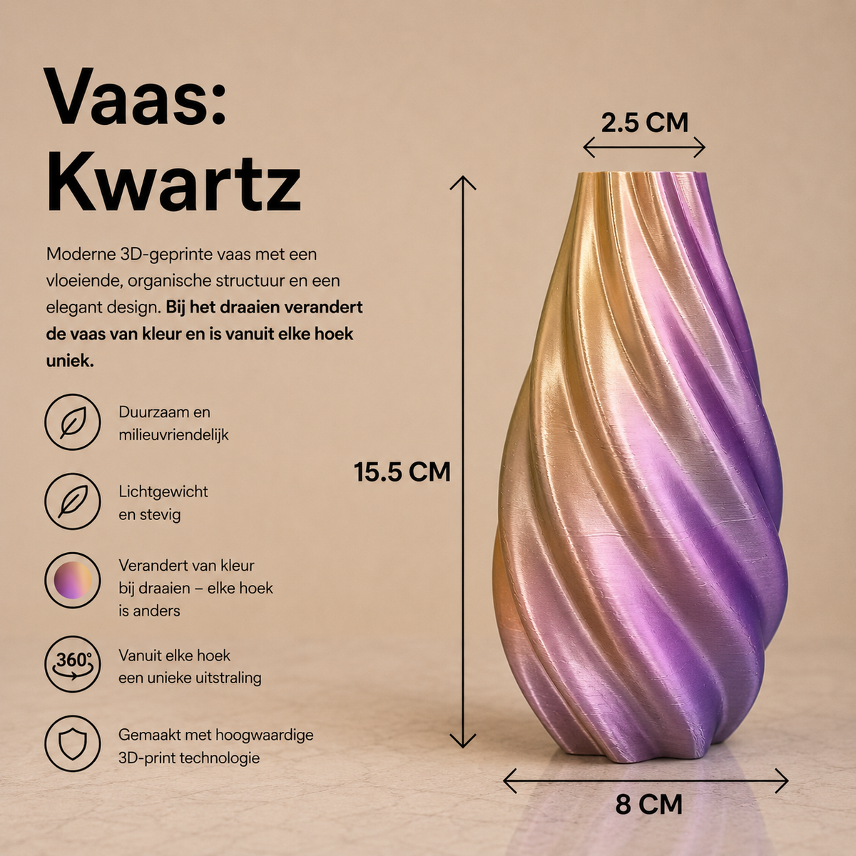 Kwartz 3D geprinte minimalistisch vaasje