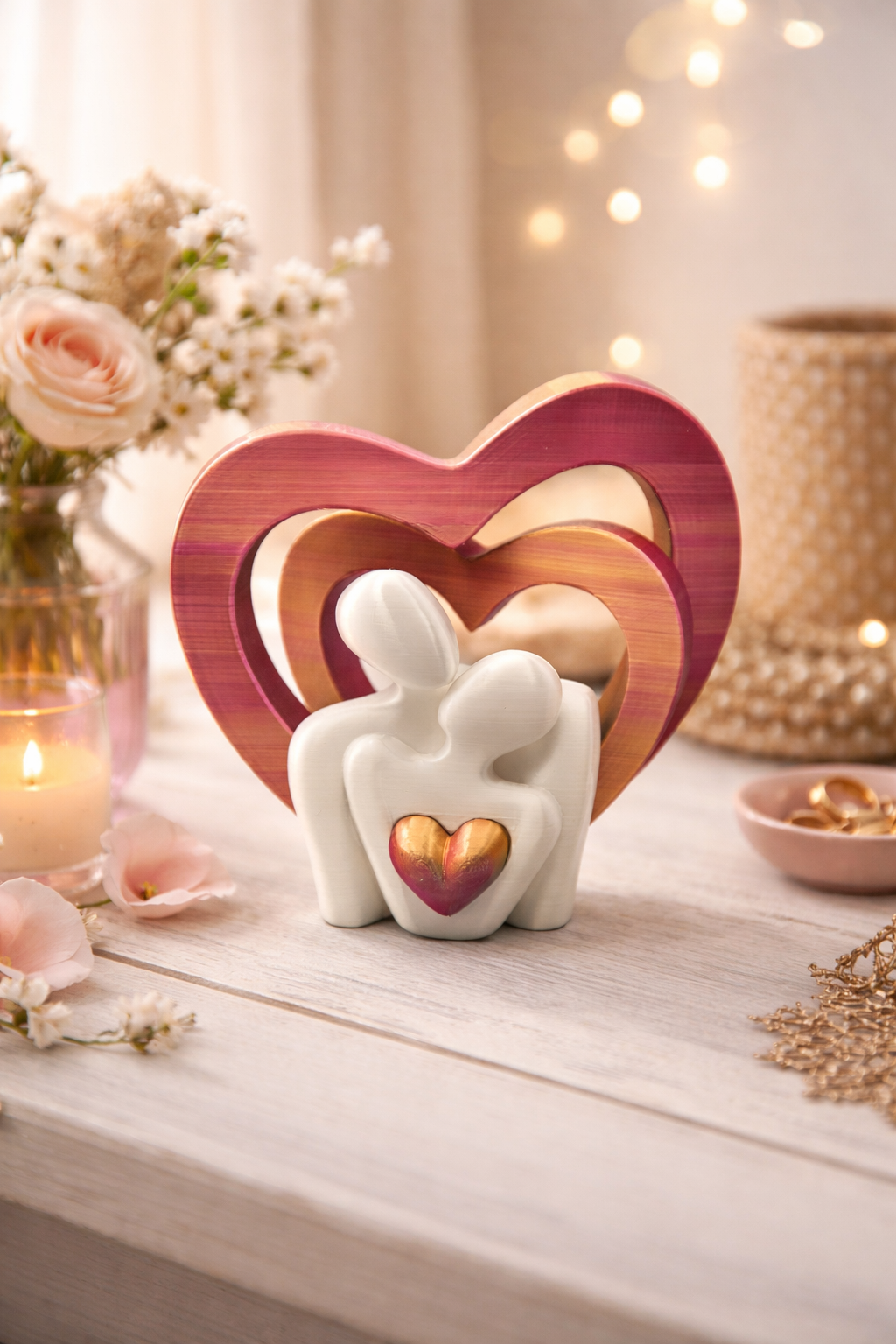 Liefdesbeeldje met Verwisselbaar Hart 3D Geprinte Decoratie met Hartje 3 kleuren
